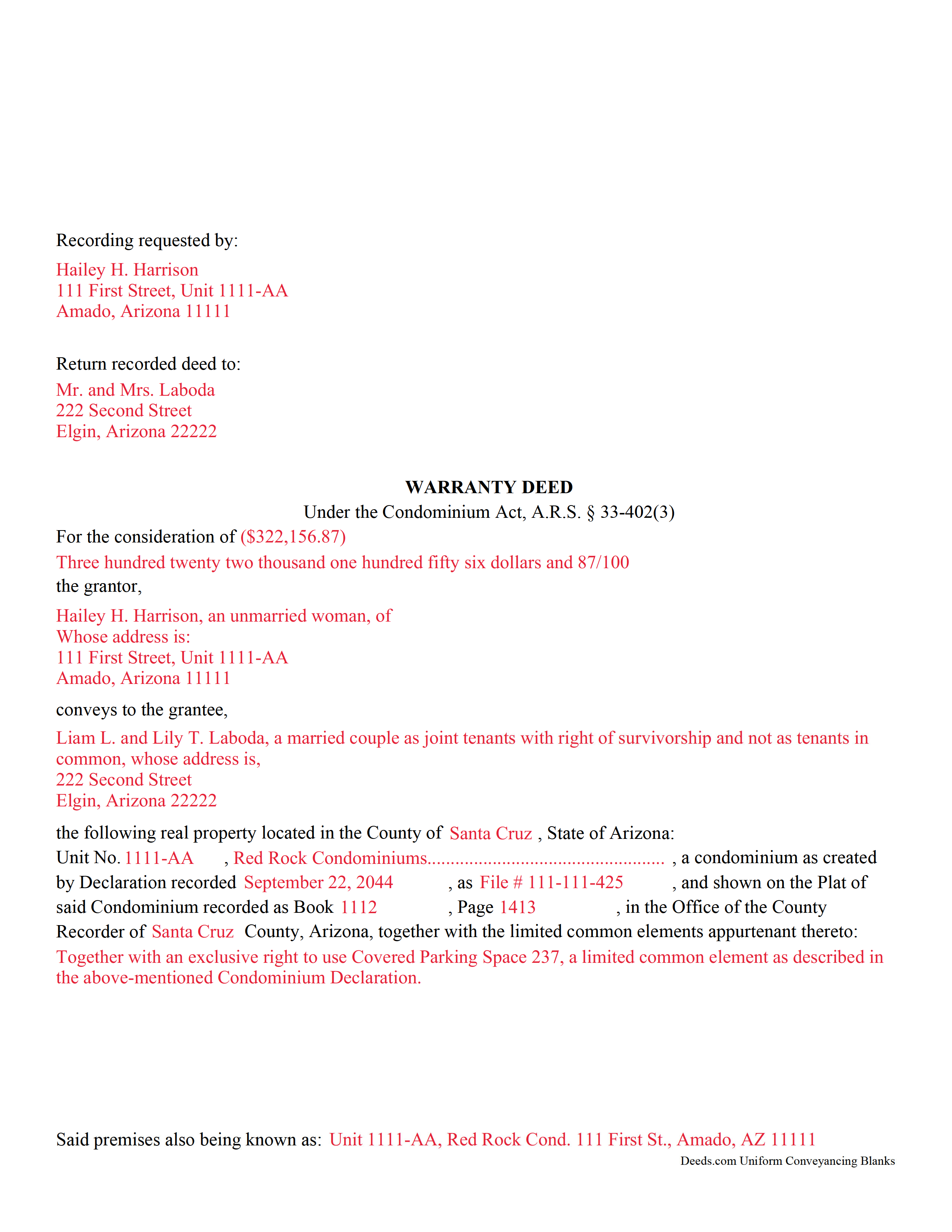 Pima County Completed Example of a Warranty Deed Condominium Document