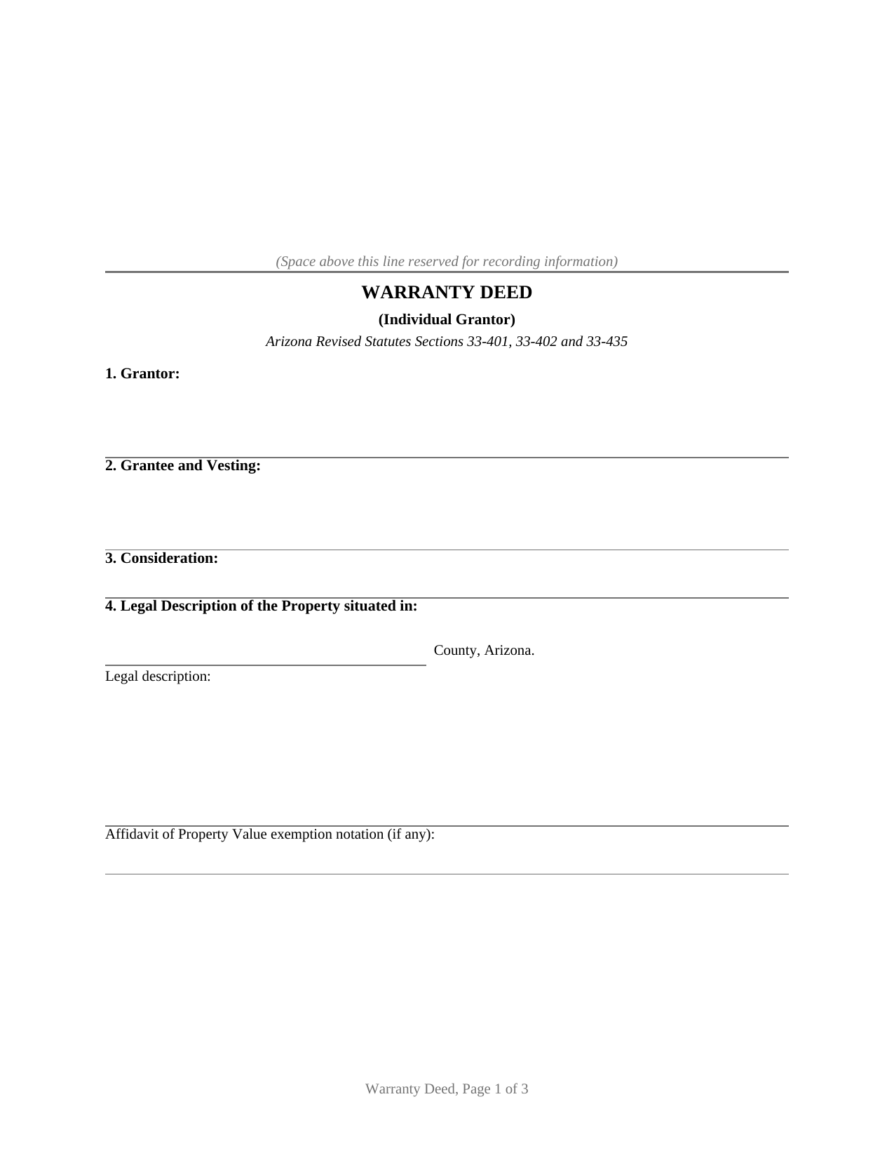Yavapai County Warranty Deed (Individual Grantor) Form