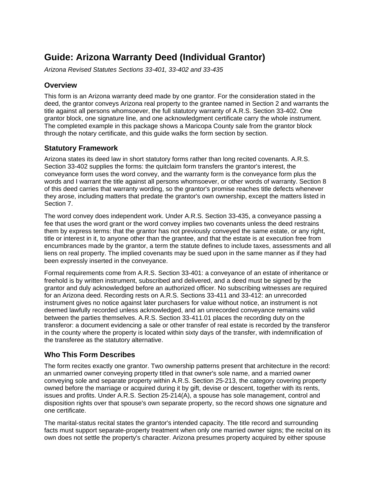 Yavapai County Warranty Deed (Individual Grantor) Guide