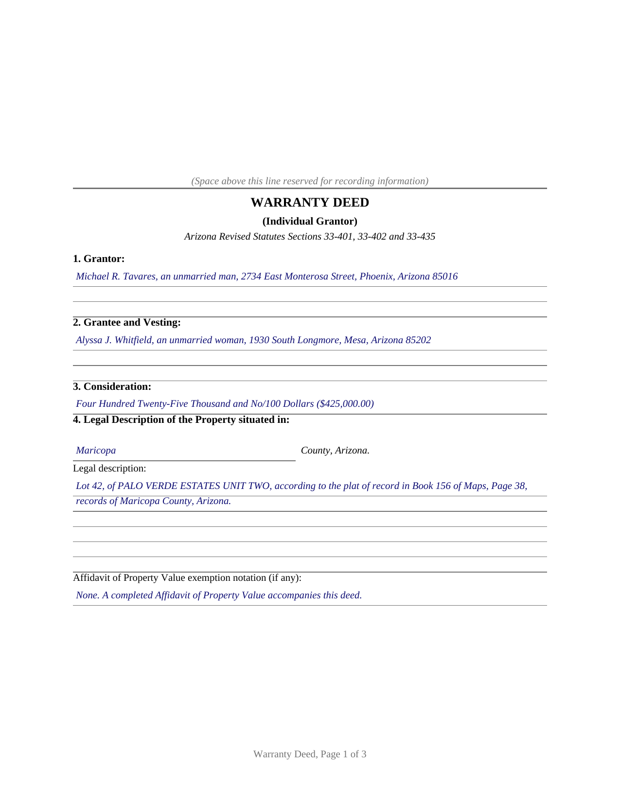 Yavapai County Completed Example of the Warranty Deed (Individual Grantor) Document