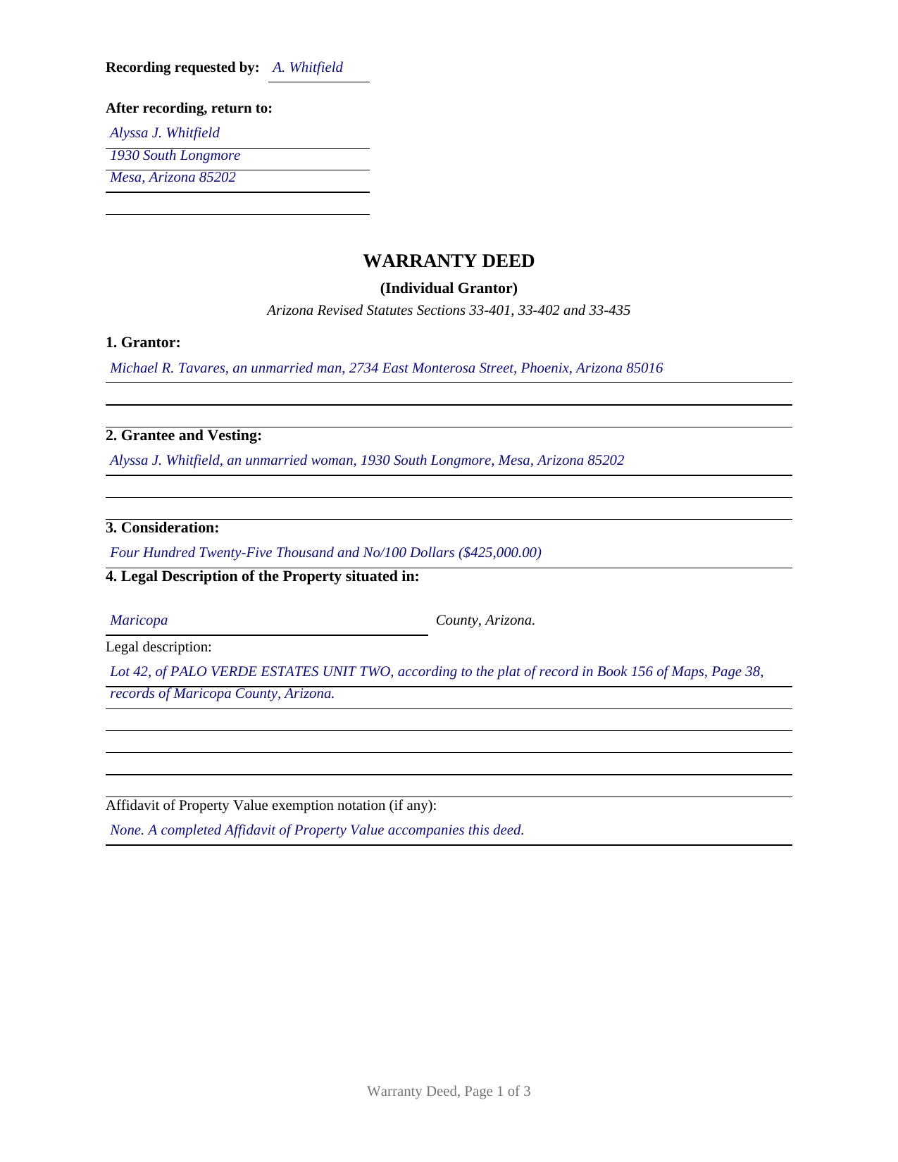 Coconino County Completed Example of the Warranty Deed (Individual Grantor) Document