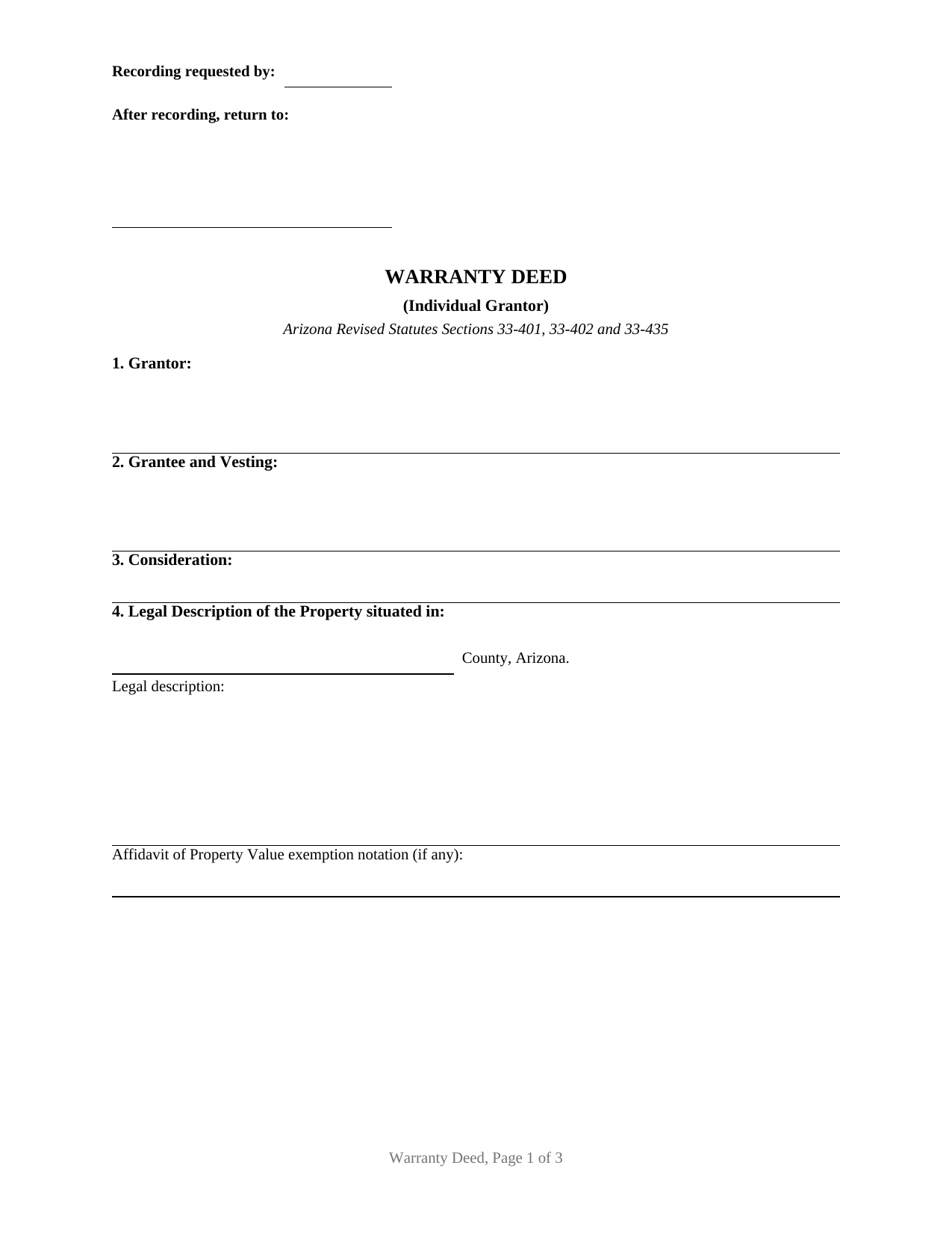 Coconino County Warranty Deed (Individual Grantor) Form