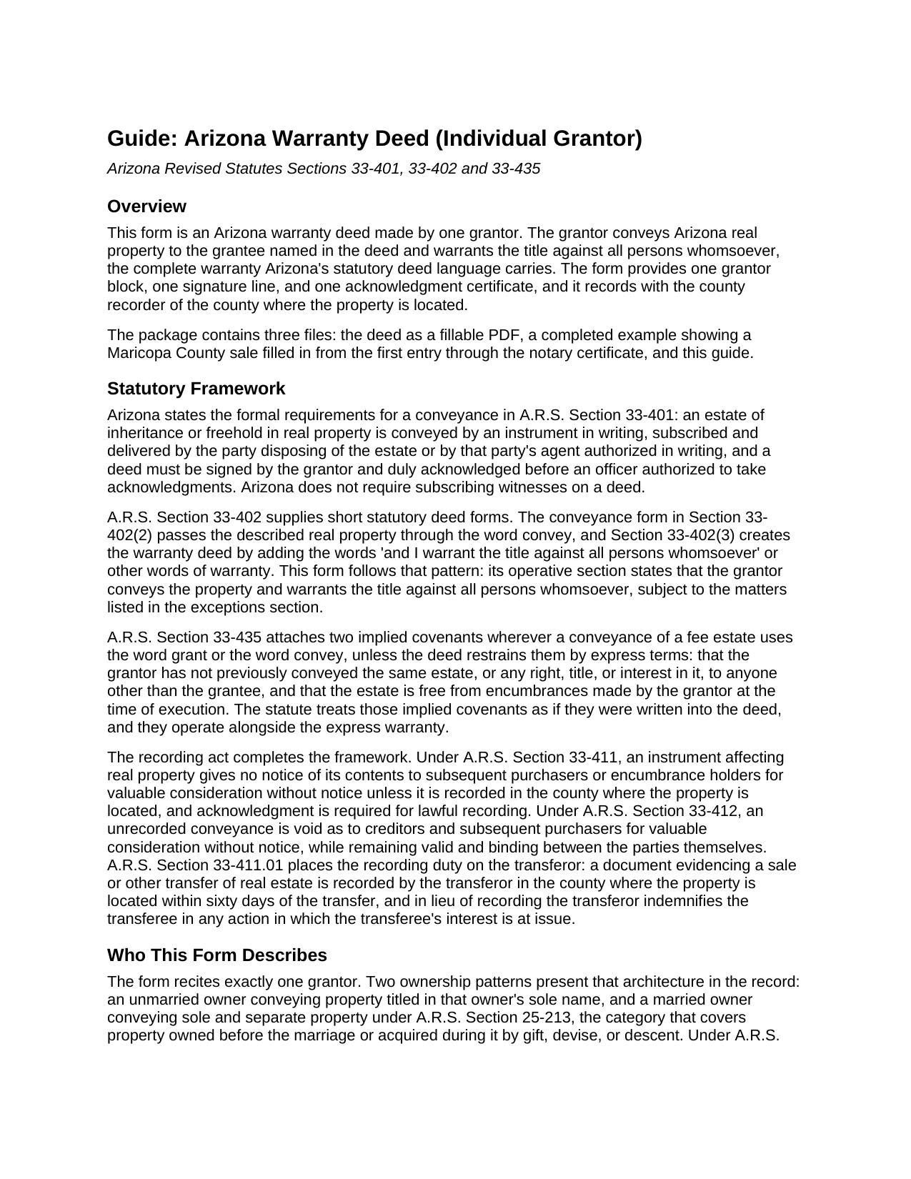 Coconino County Warranty Deed (Individual Grantor) Guide