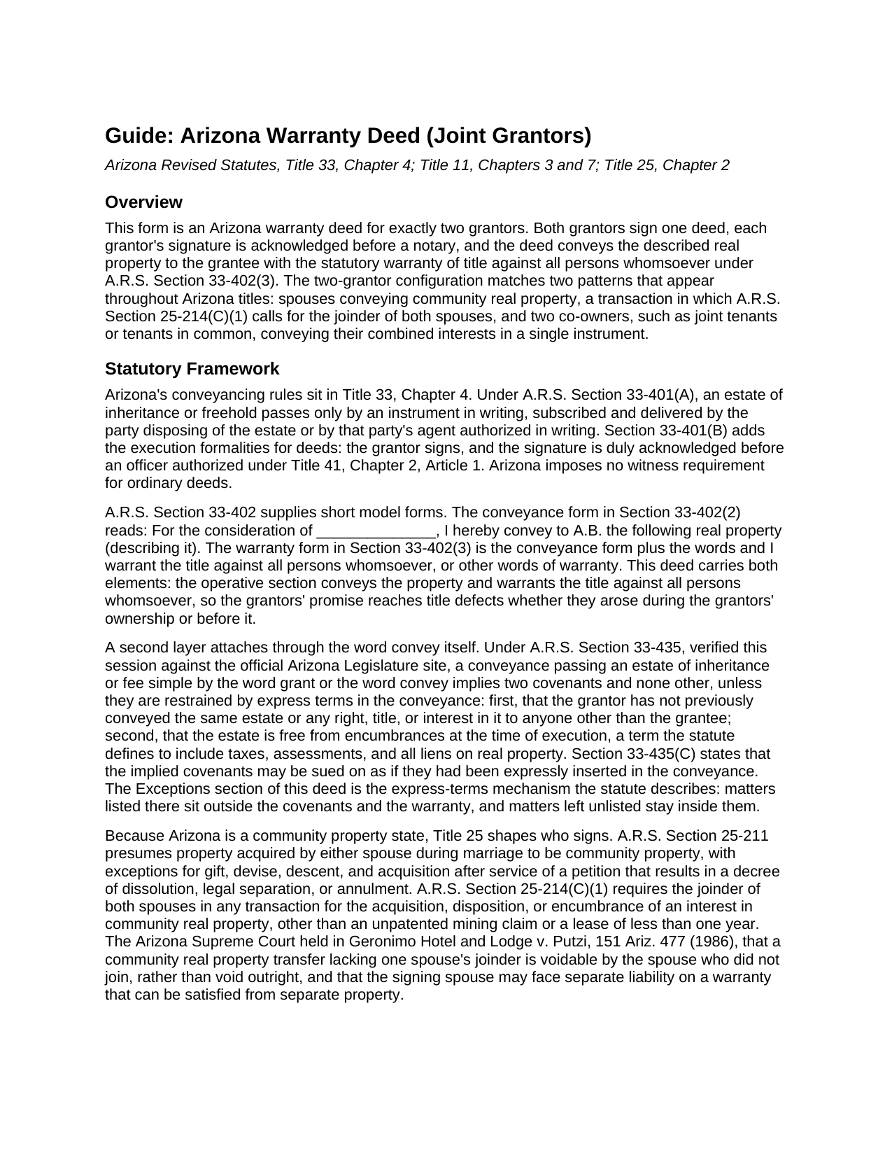 Pinal County Warranty Deed (Joint Grantors) Guide