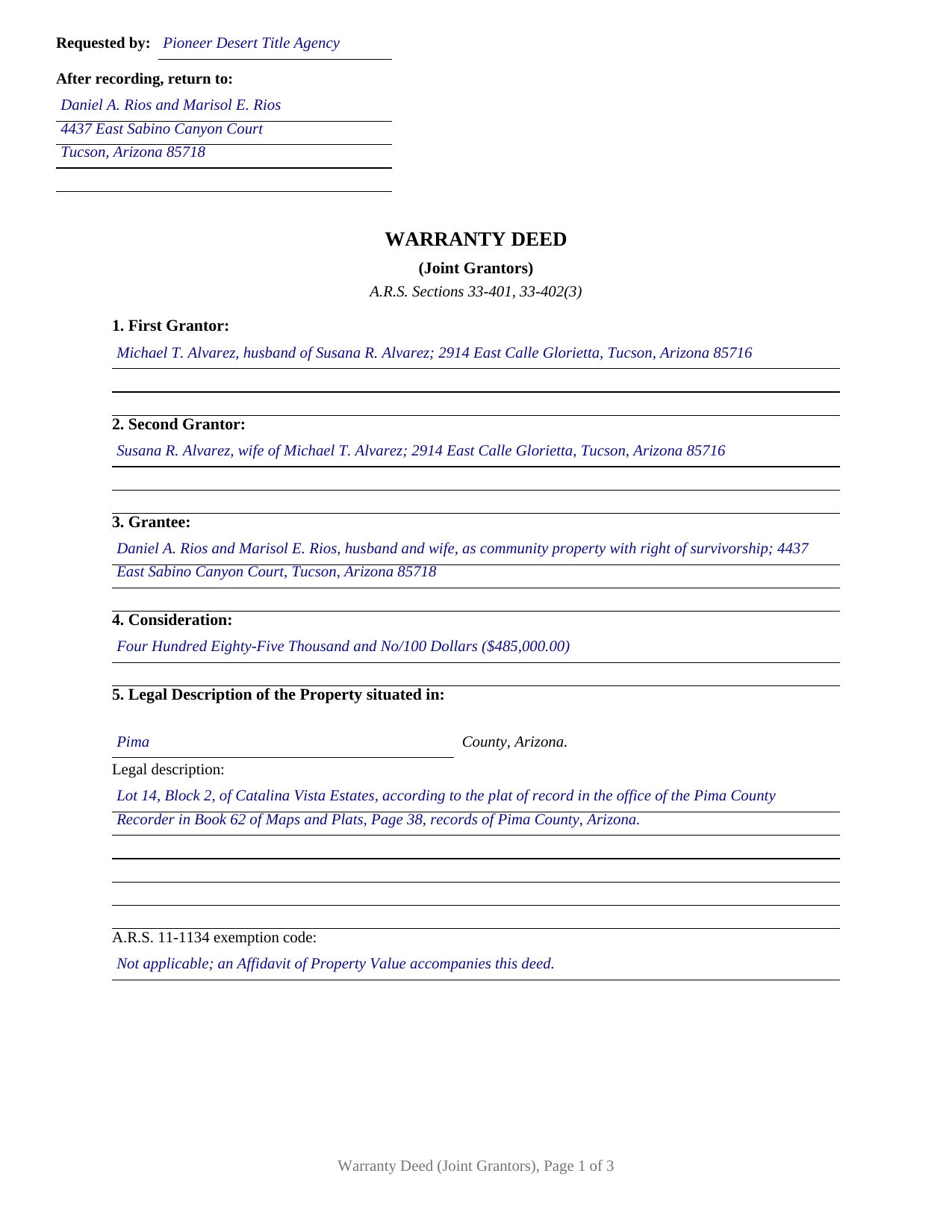 Pinal County Completed Example of the Warranty Deed (Joint Grantors) Document