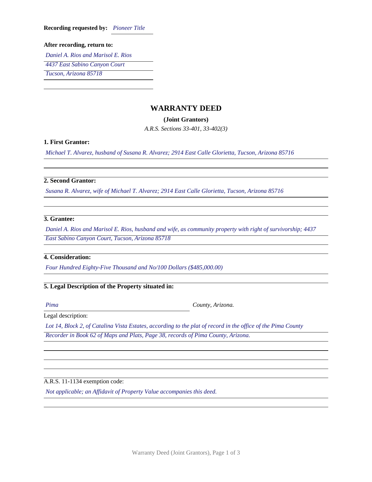 Mohave County Completed Example of the Warranty Deed (Joint Grantors) Document