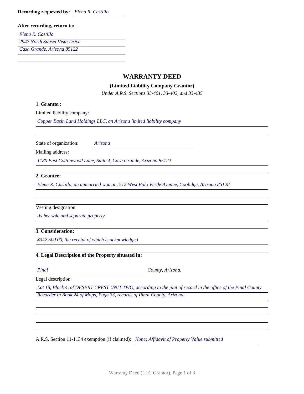 Pinal County Completed Example of the Warranty Deed (LLC Grantor) Document