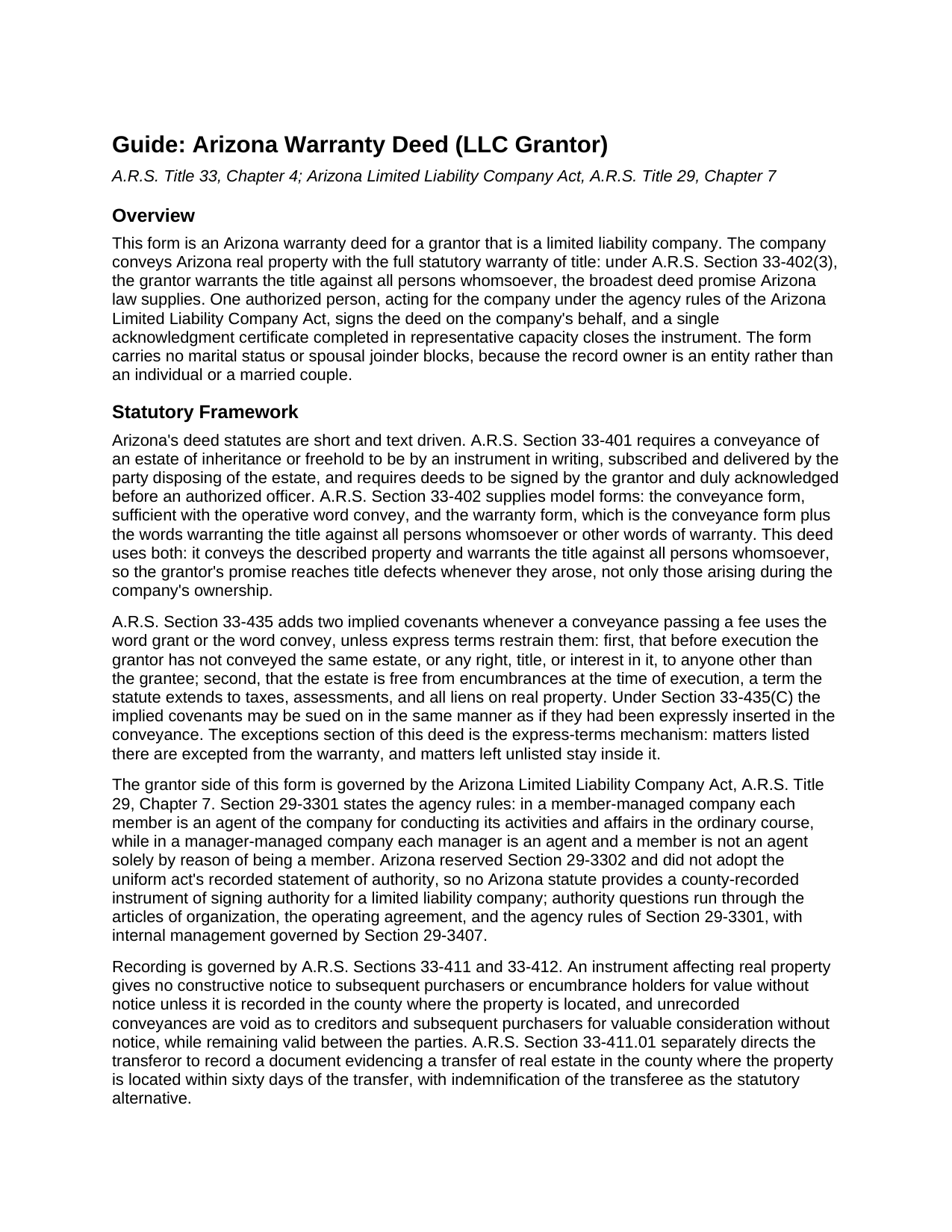 Pinal County Warranty Deed (LLC Grantor) Guide