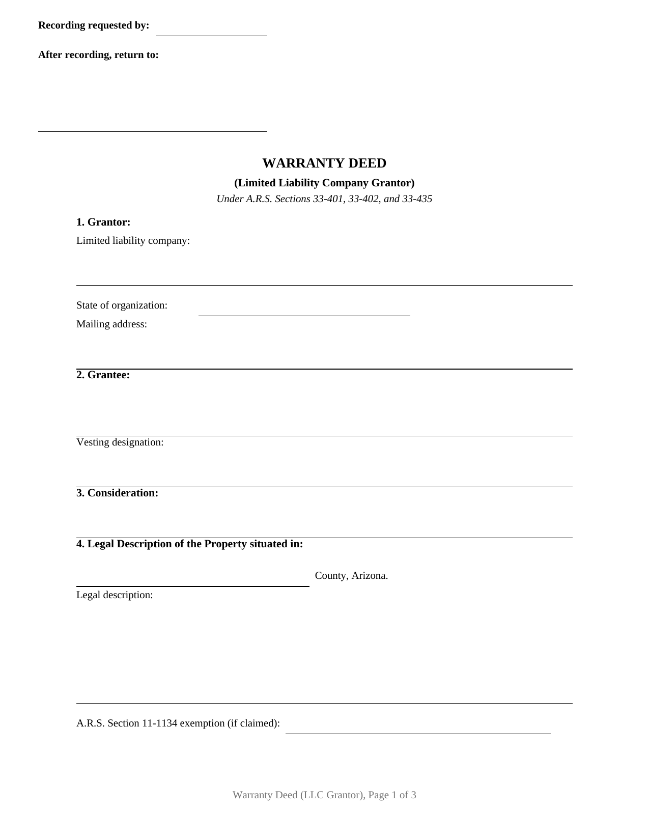 Pinal County Warranty Deed (LLC Grantor) Form
