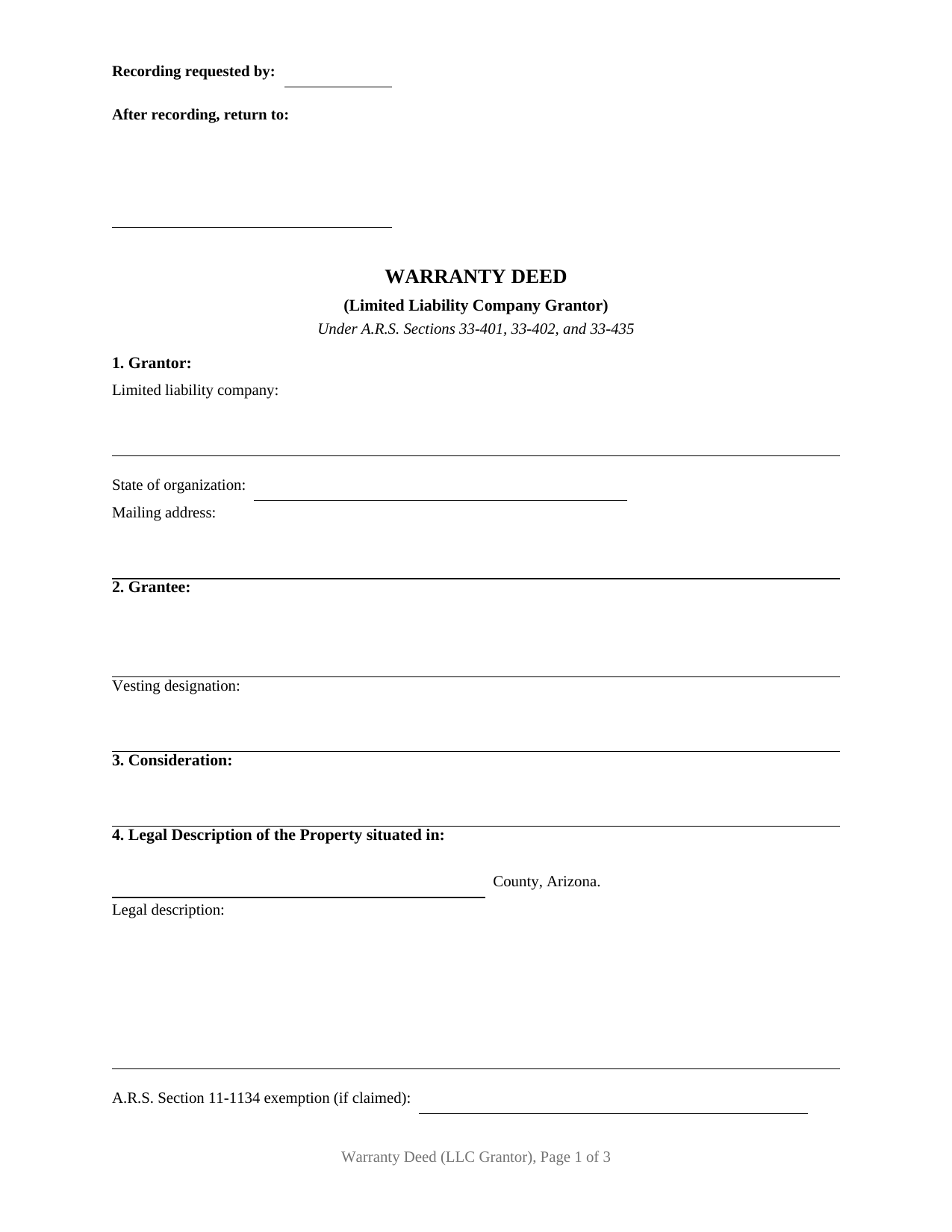 Mohave County Warranty Deed (LLC Grantor) Form