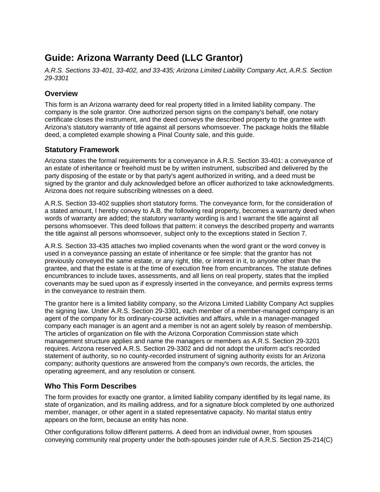 Mohave County Warranty Deed (LLC Grantor) Guide