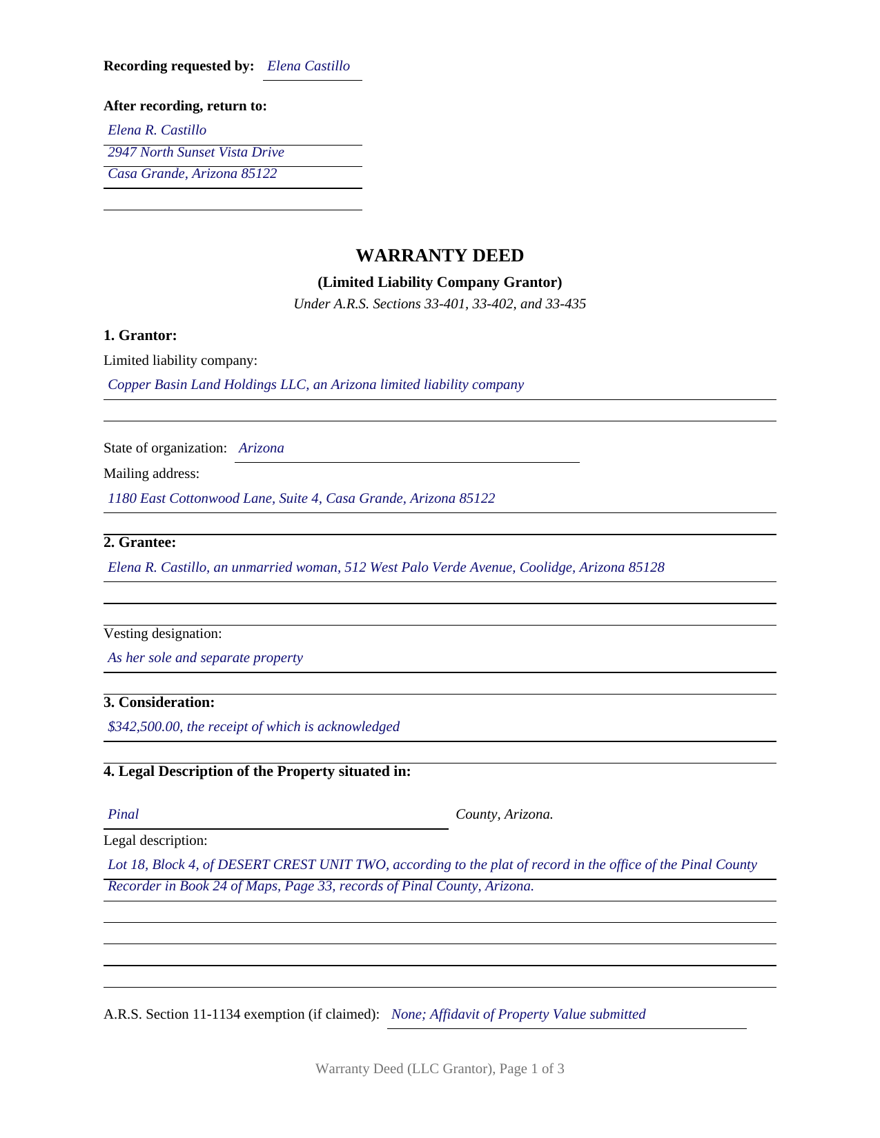 Mohave County Completed Example of the Warranty Deed (LLC Grantor) Document