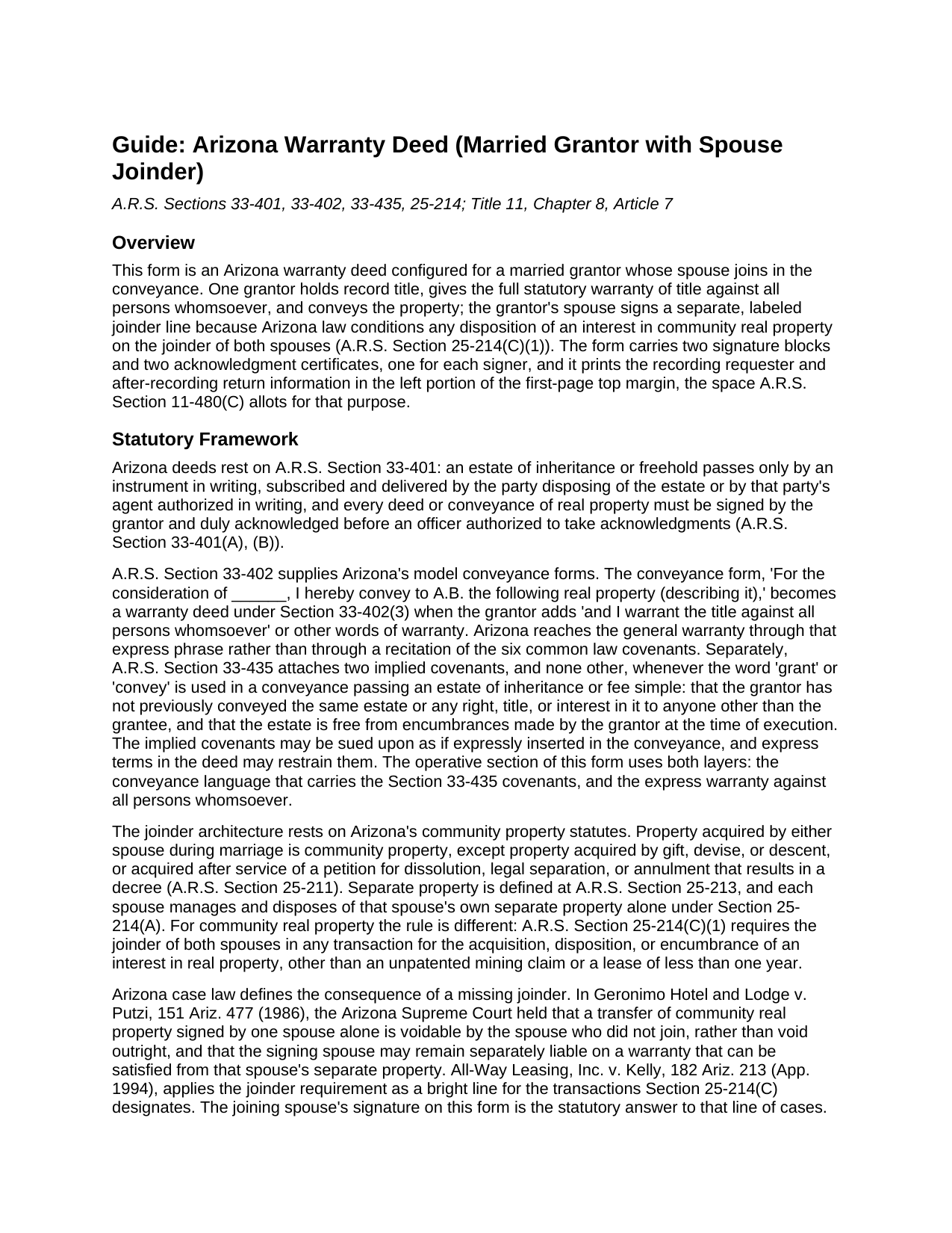 Pima County Warranty Deed (Married Grantor with Spouse Joinder) Guide