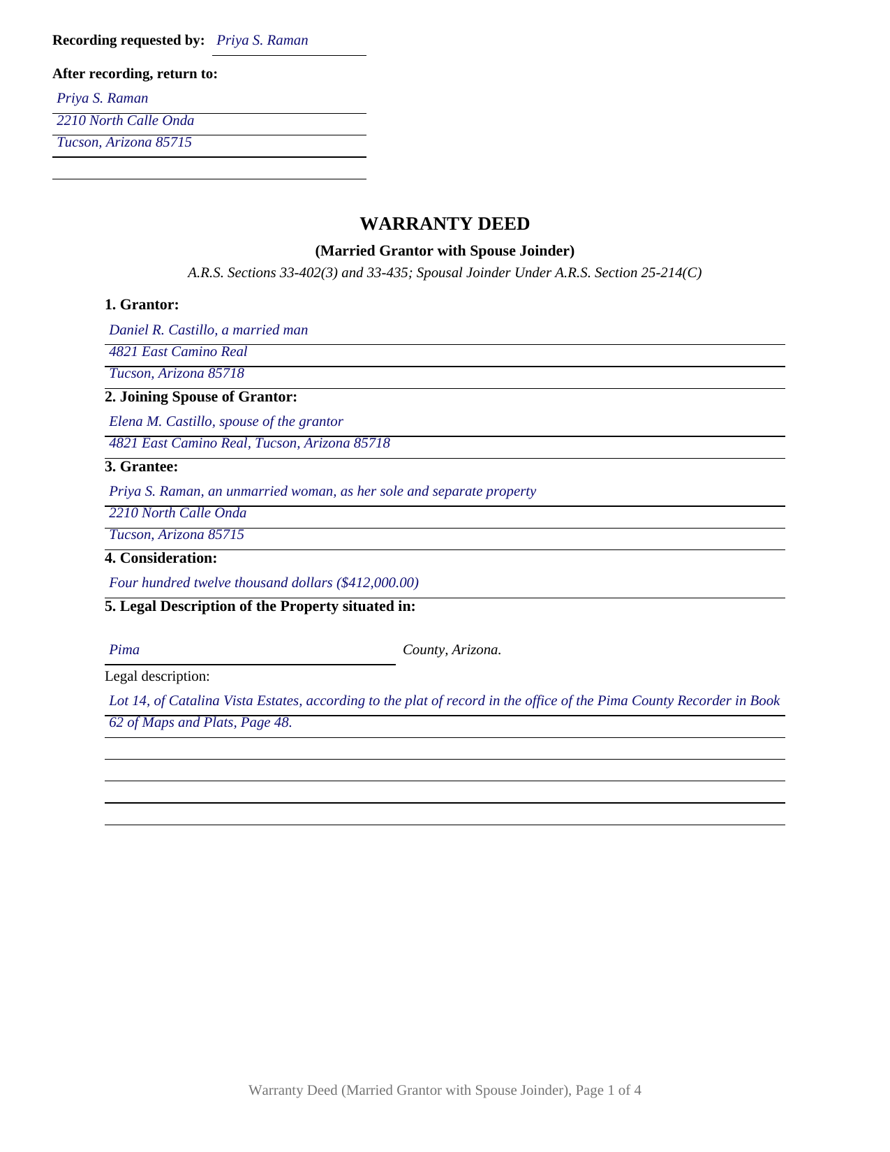 Pima County Completed Example of the Warranty Deed (Married Grantor with Spouse Joinder) Document
