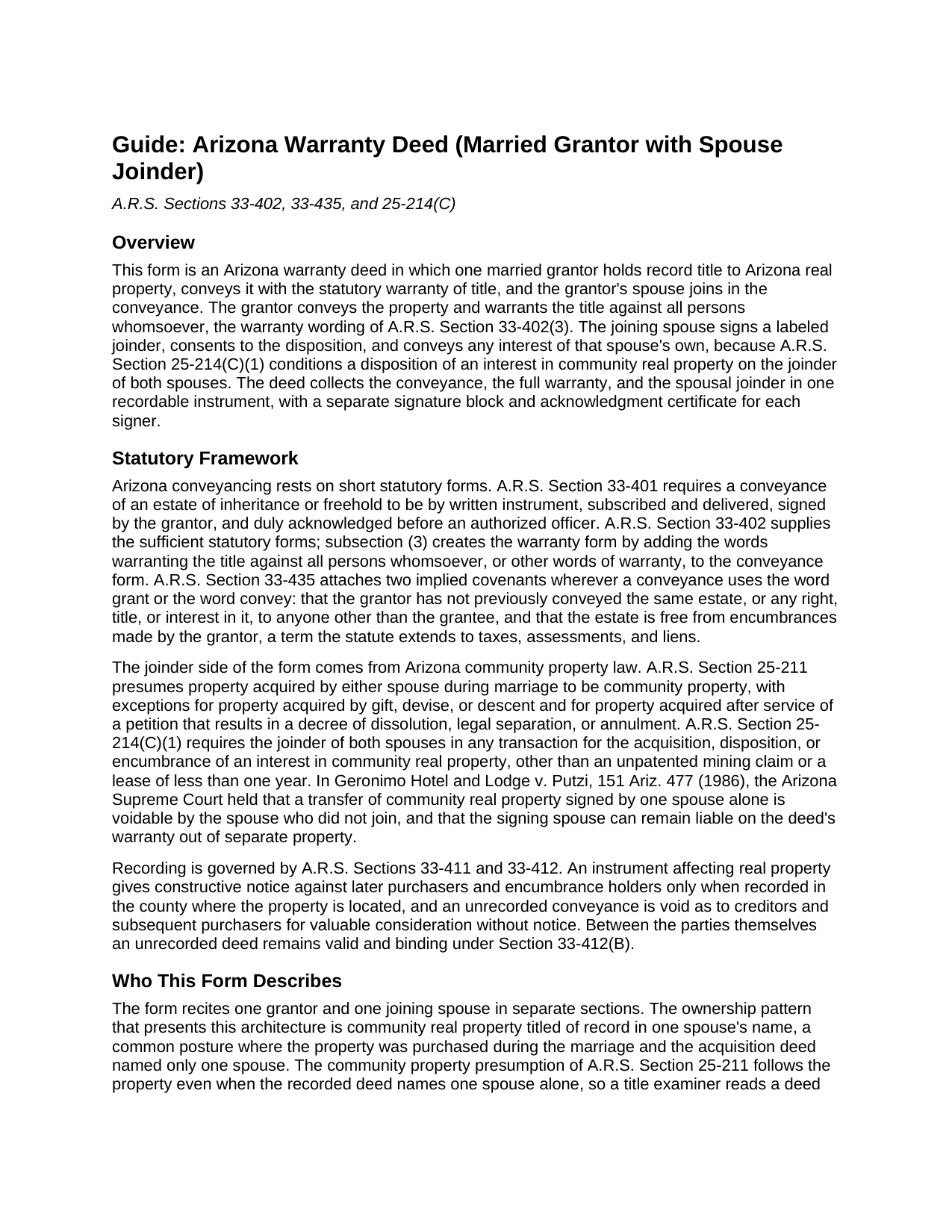 Maricopa County Warranty Deed (Married Grantor with Spouse Joinder) Guide