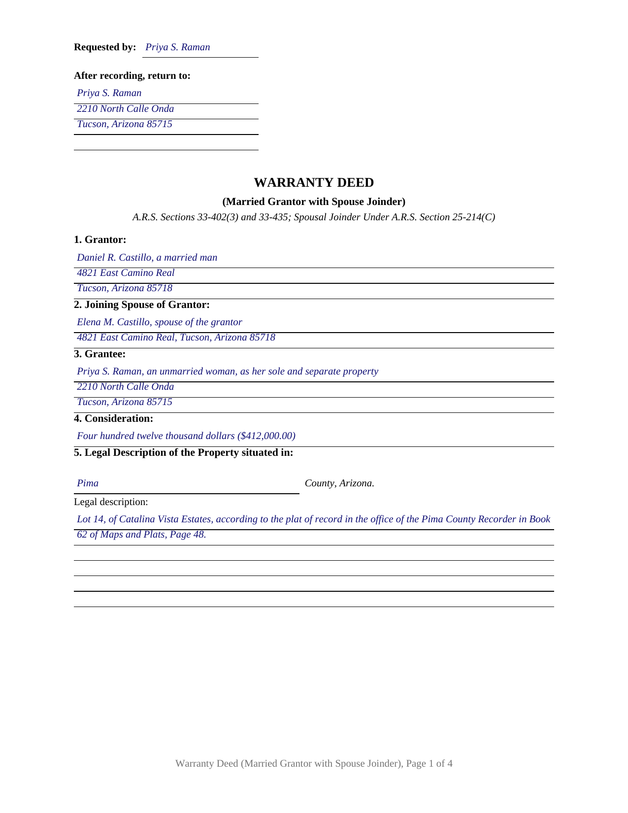 Maricopa County Completed Example of the Warranty Deed (Married Grantor with Spouse Joinder) Document