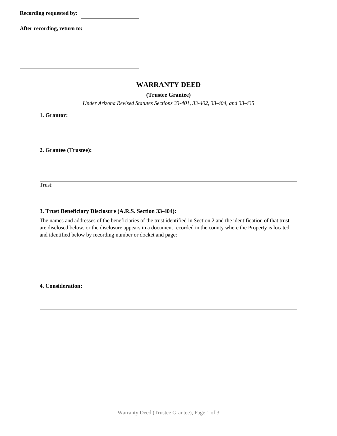 Pima County Warranty Deed (Trustee Grantee) Form