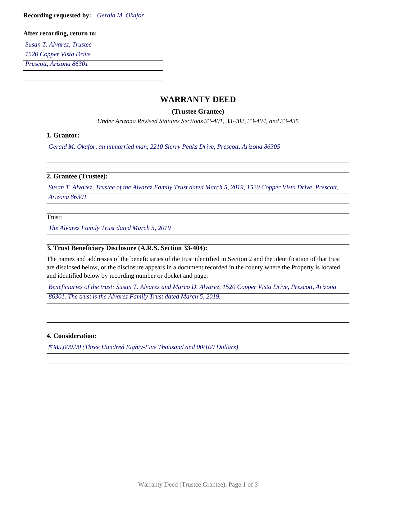 Pima County Completed Example of the Warranty Deed (Trustee Grantee) Document