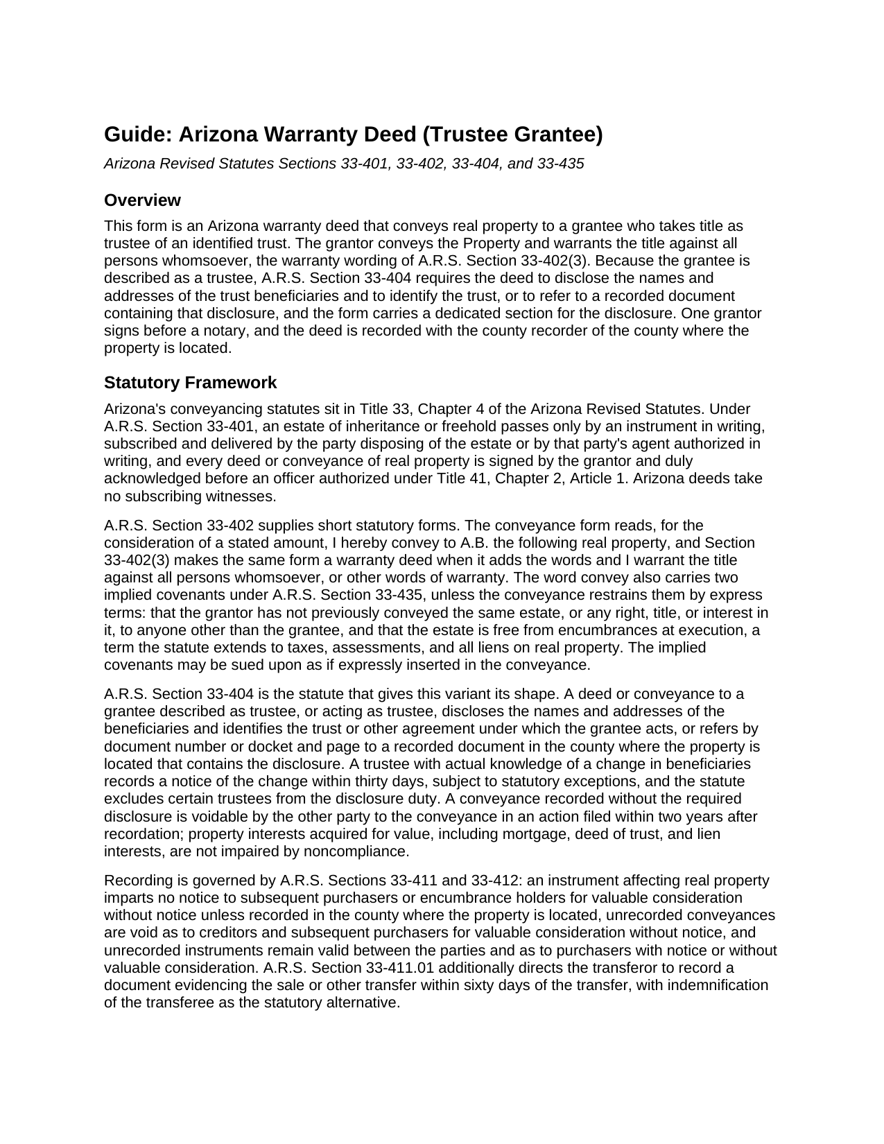 Pima County Warranty Deed (Trustee Grantee) Guide