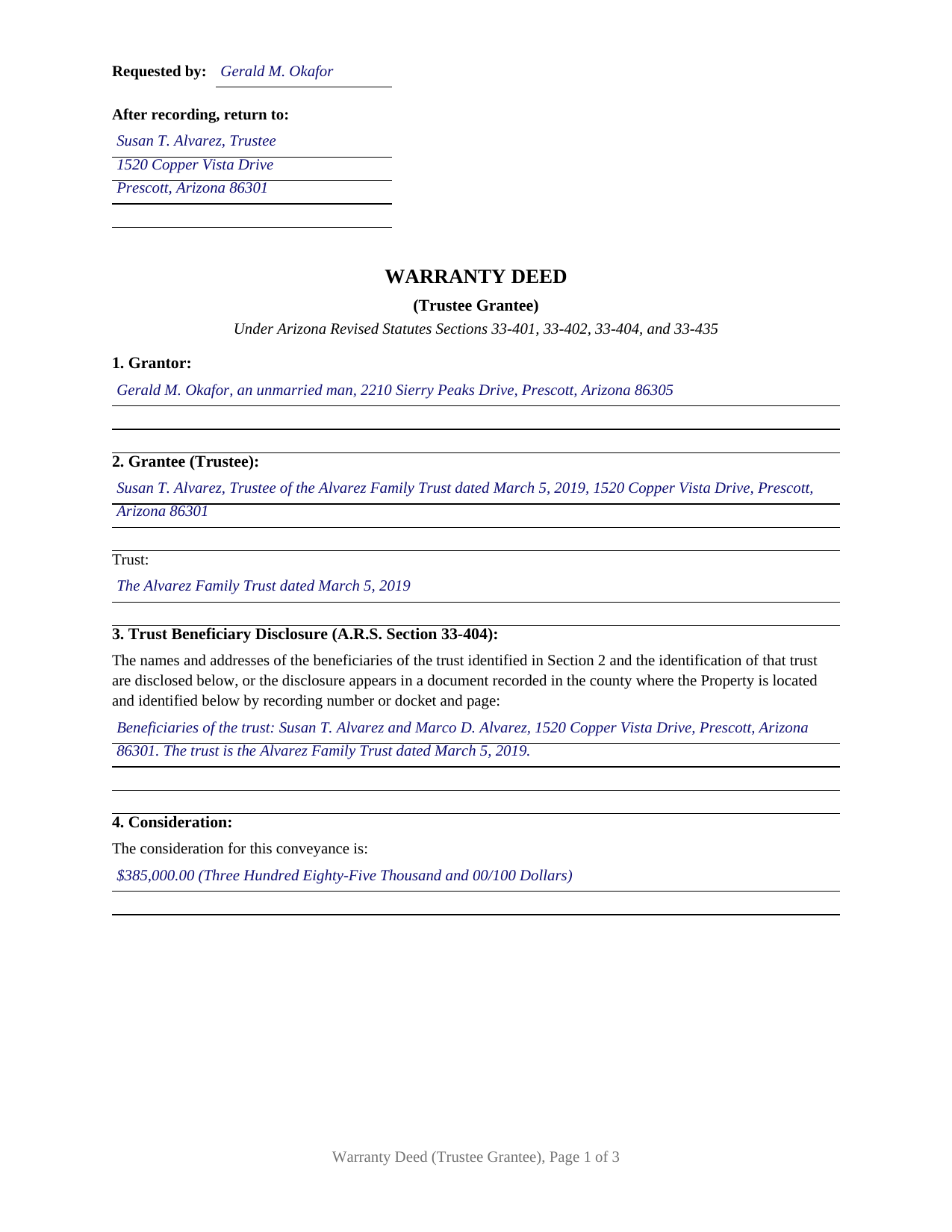 Navajo County Completed Example of the Warranty Deed (Trustee Grantee) Document