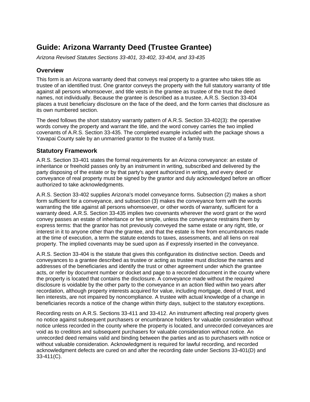Navajo County Warranty Deed (Trustee Grantee) Guide