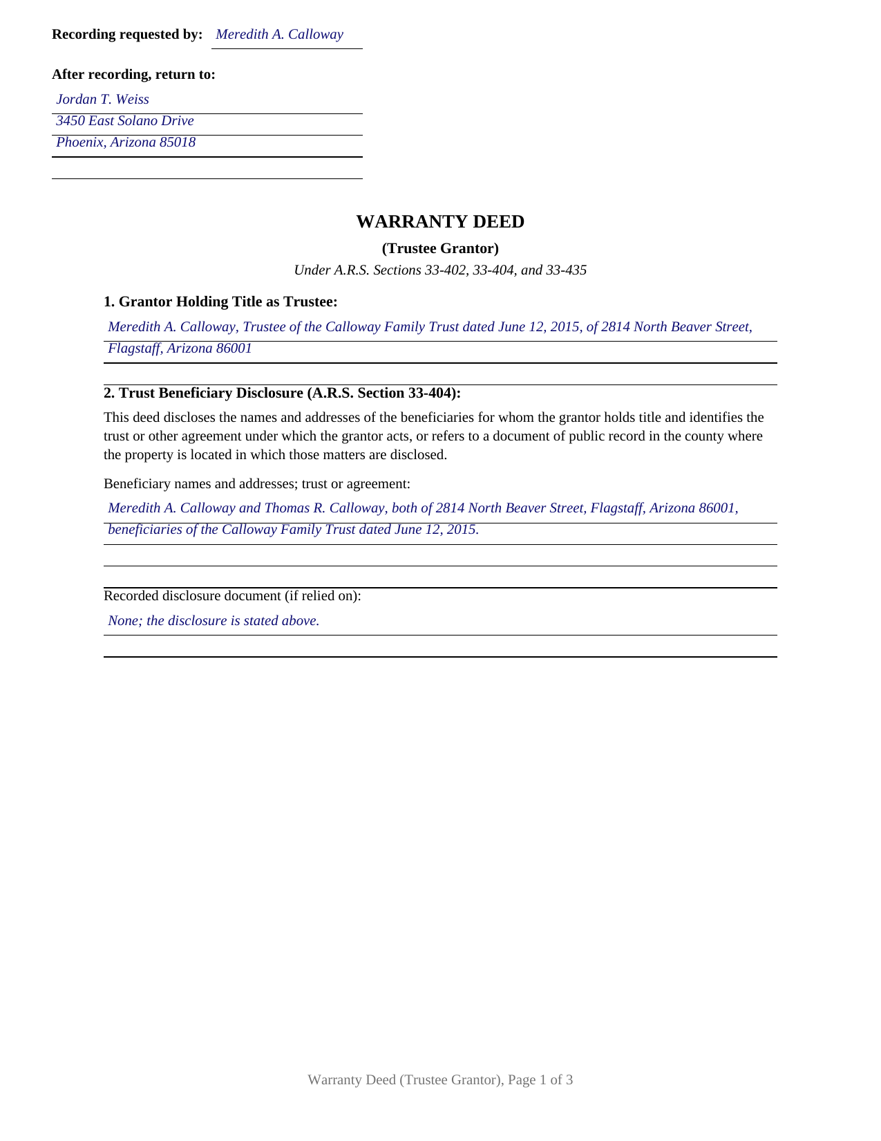 Pinal County Completed Example of the Warranty Deed (Trustee Grantor) Document
