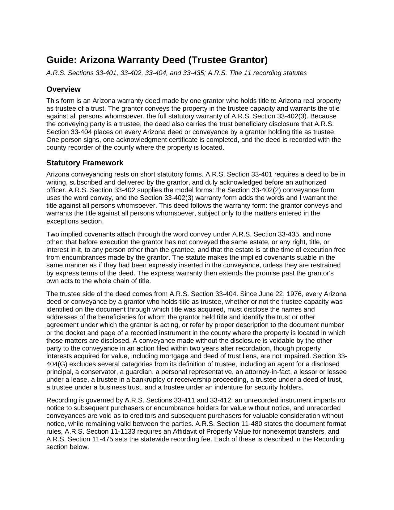 Pinal County Warranty Deed (Trustee Grantor) Guide