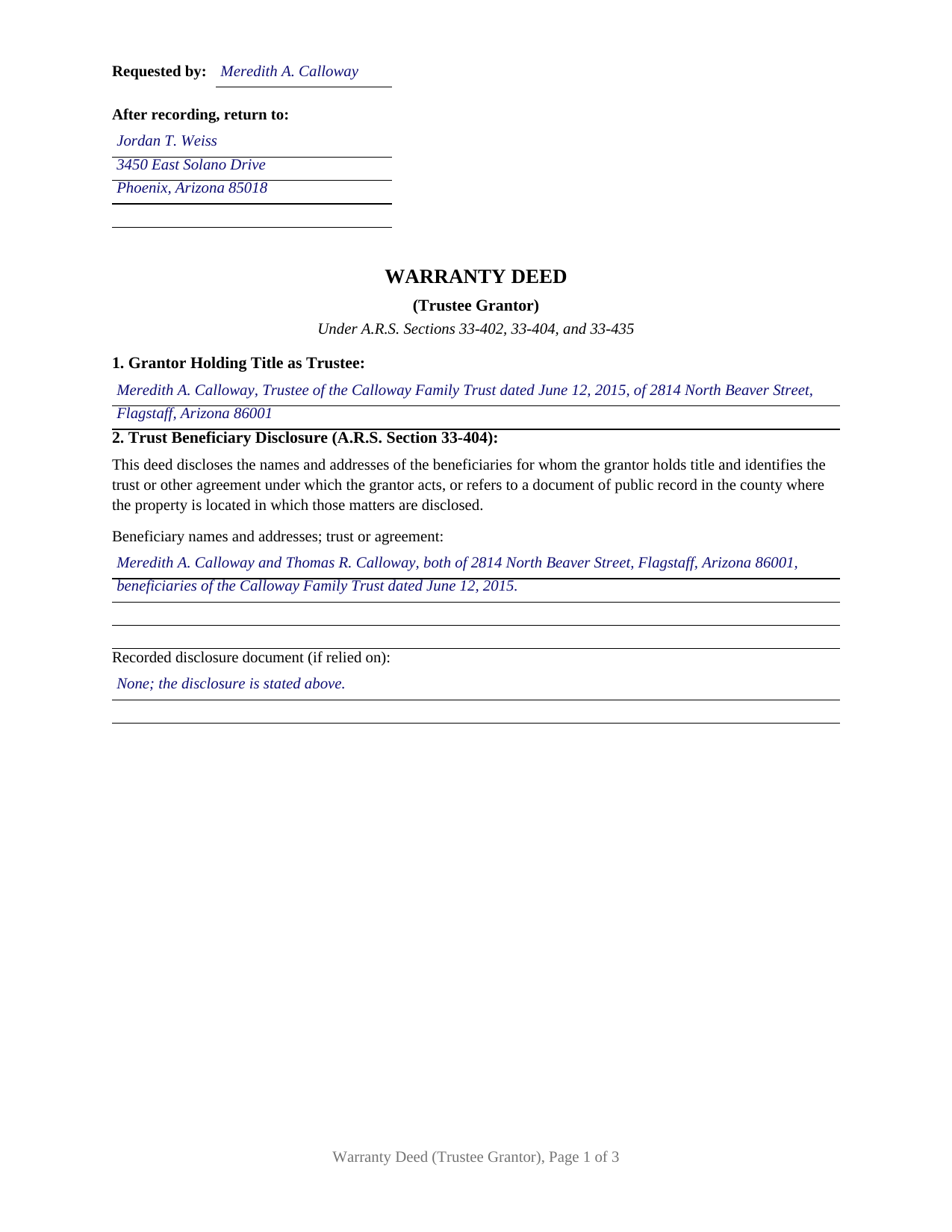 Mohave County Completed Example of the Warranty Deed (Trustee Grantor) Document