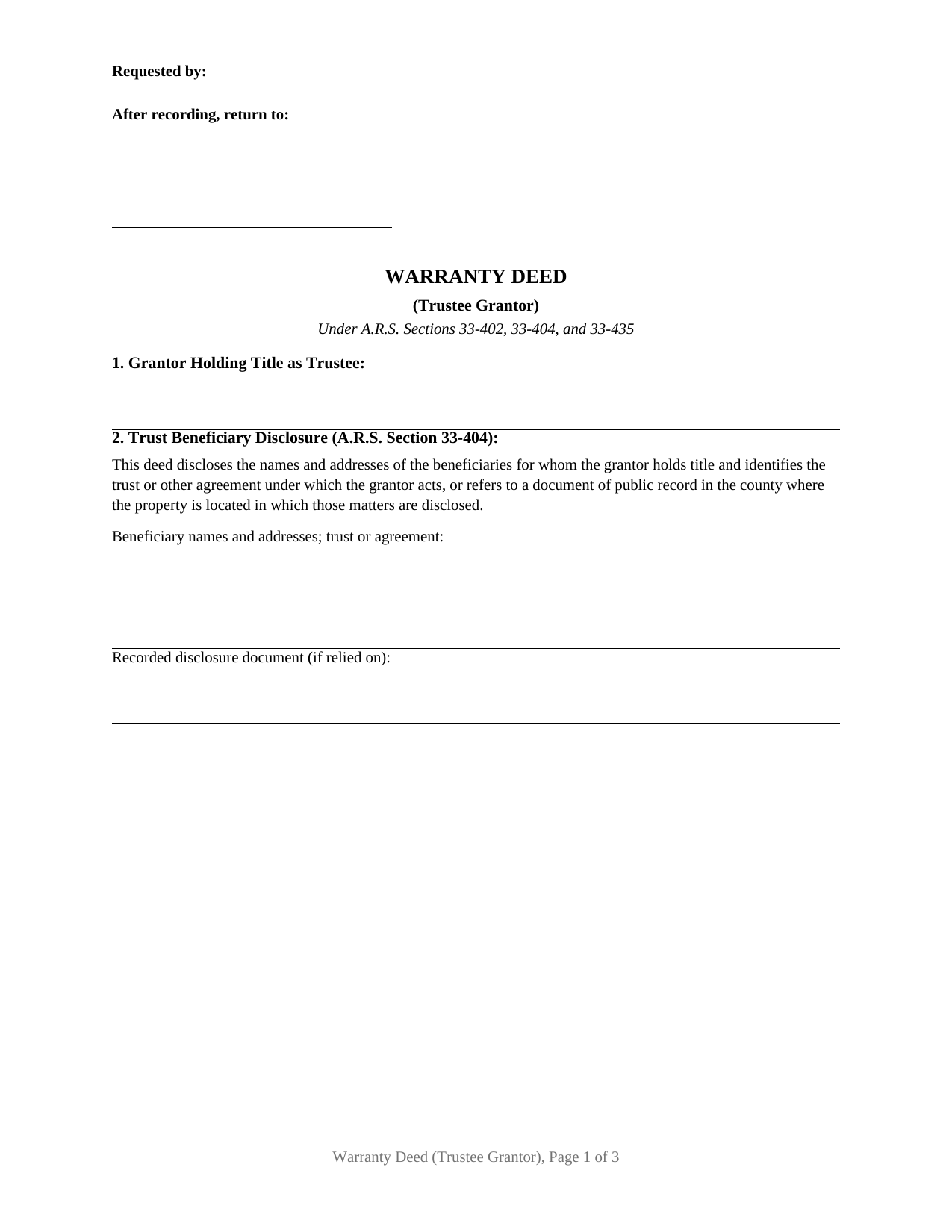 Mohave County Warranty Deed (Trustee Grantor) Form