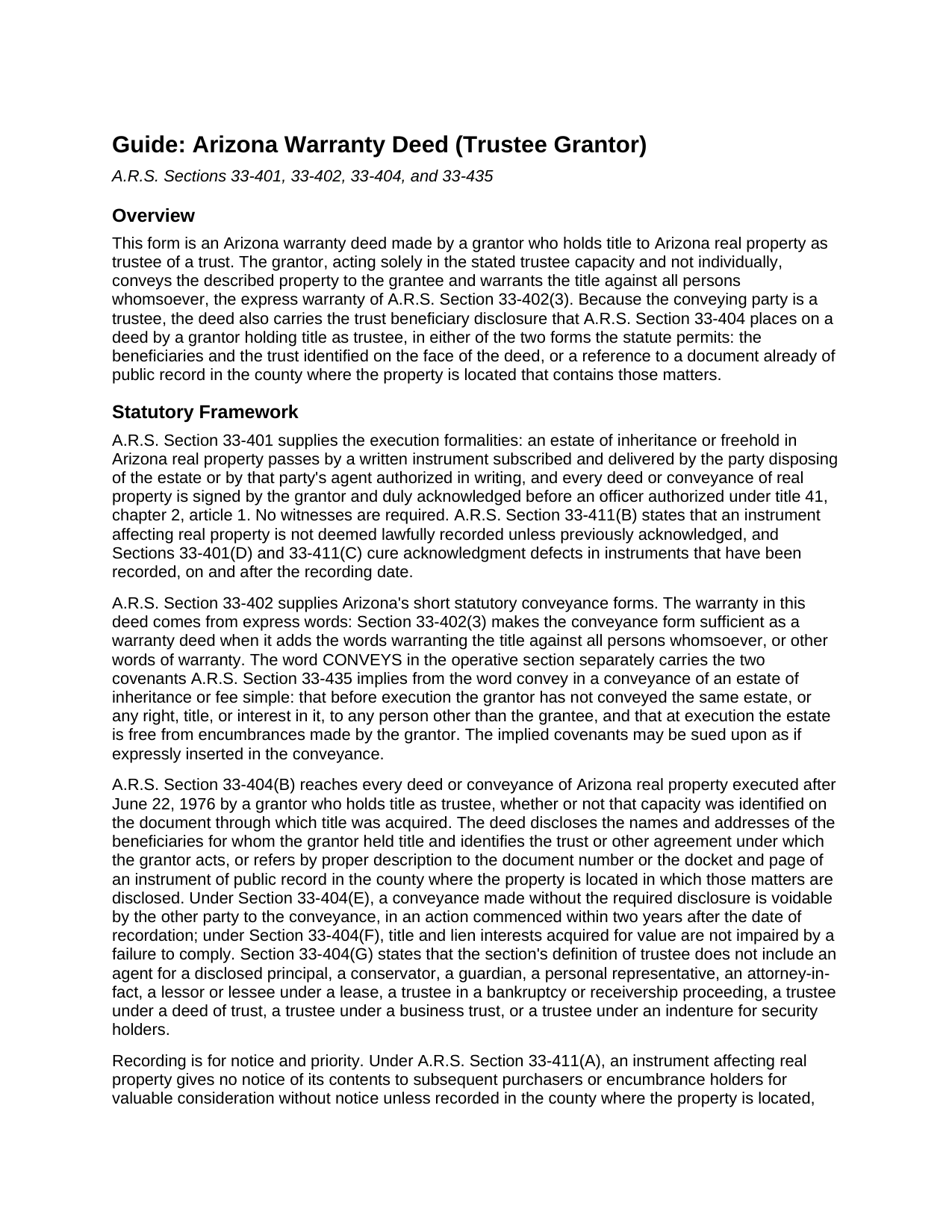 Mohave County Warranty Deed (Trustee Grantor) Guide