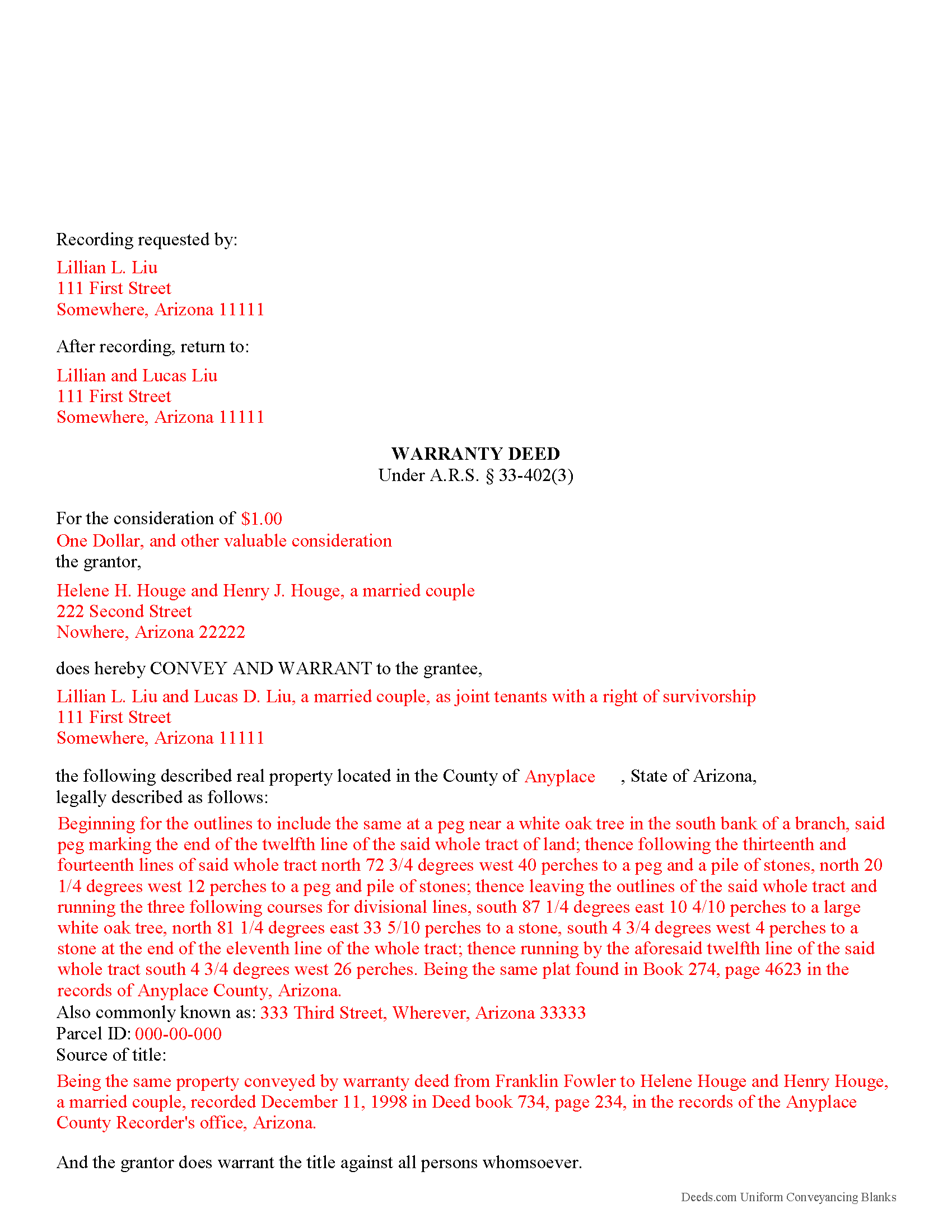 Yavapai County Completed Example of the Warranty Deed Document
