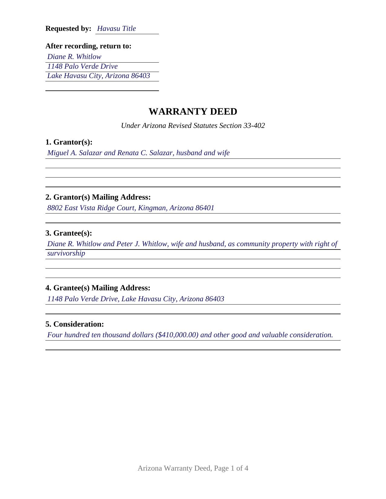 Mohave County Completed Example of the Warranty Deed Document