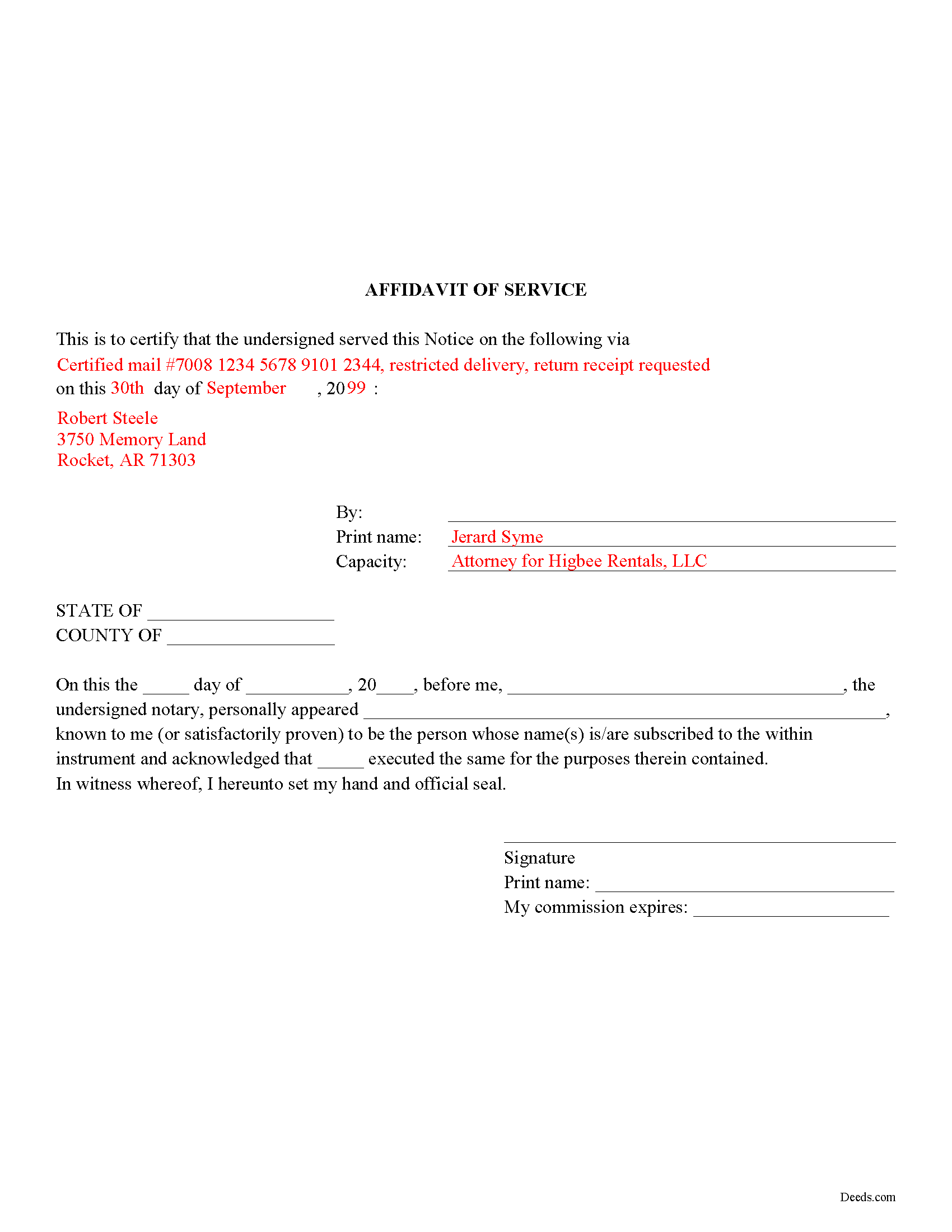 Completed Example of the Affidavit of Service Document