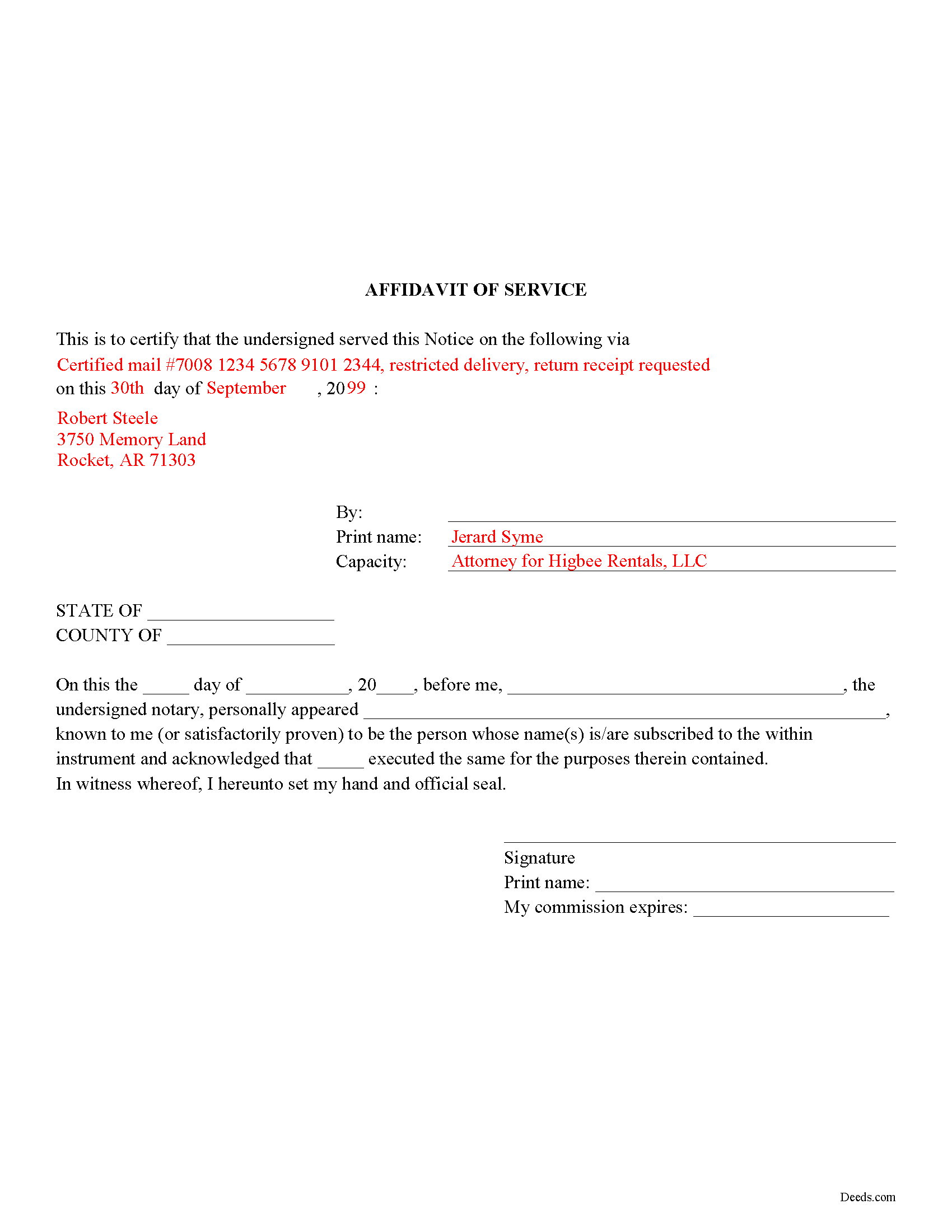 Nevada County Completed Example of the Affidavit of Service Document