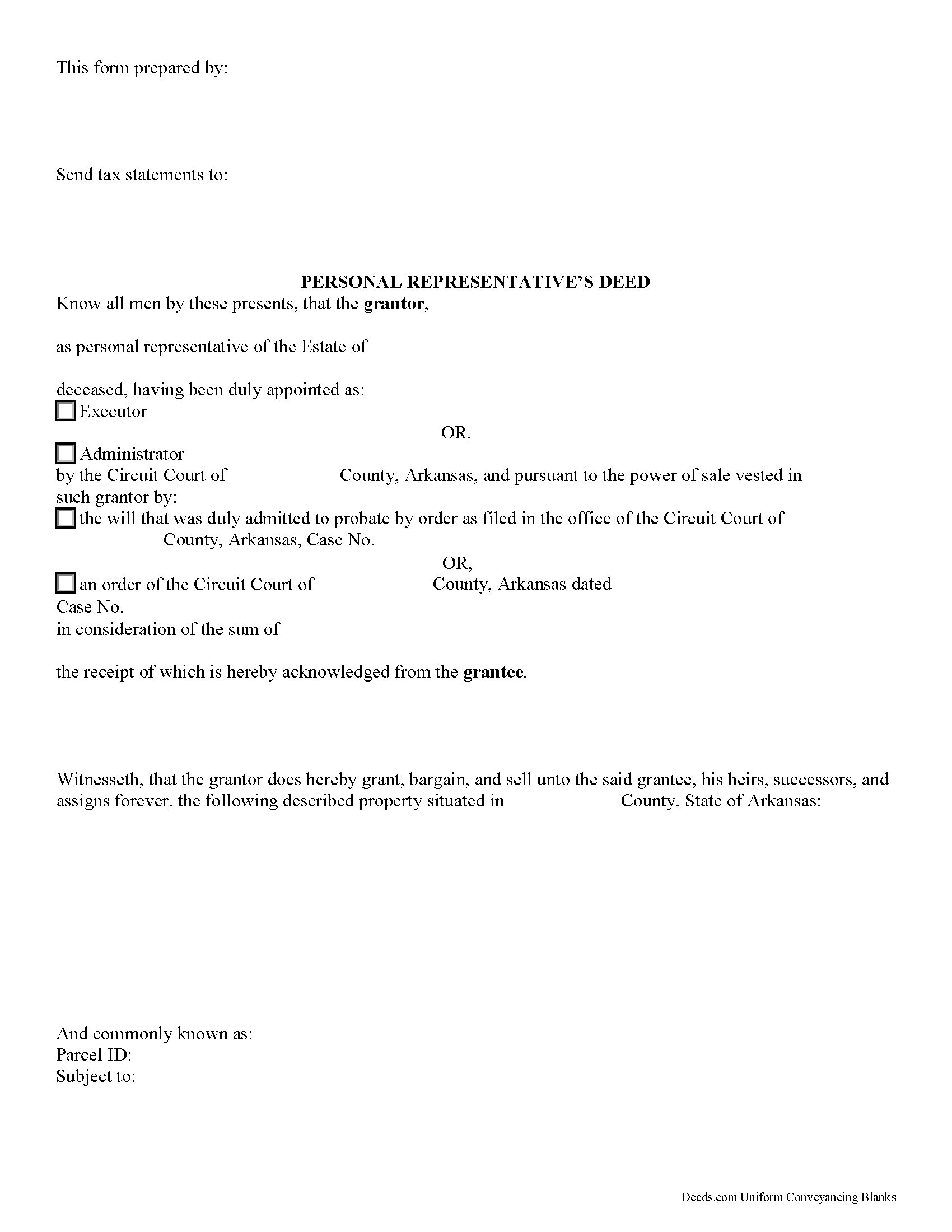 Arkansas Personal Representative Deed Image