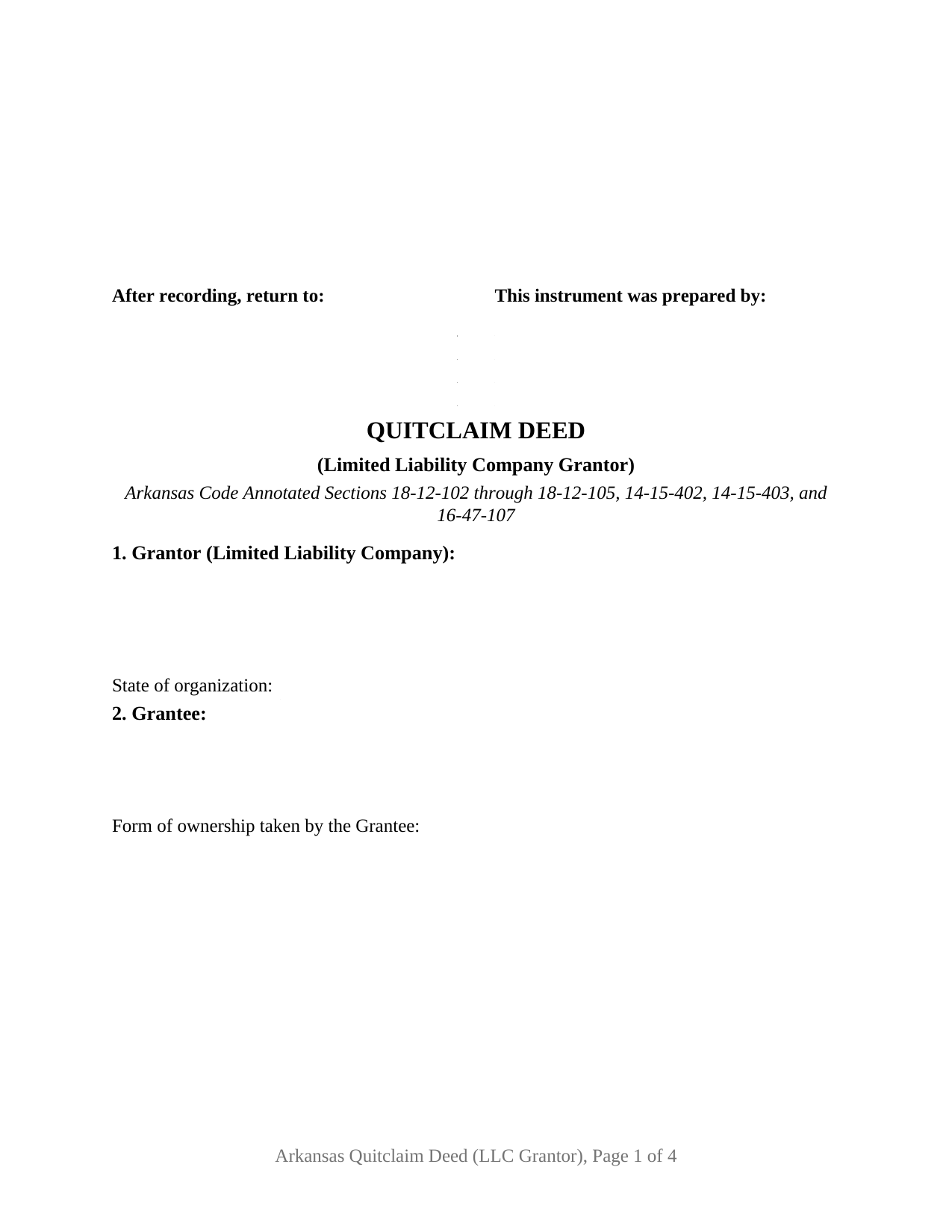 Arkansas Quitclaim Deed (LLC Grantor)