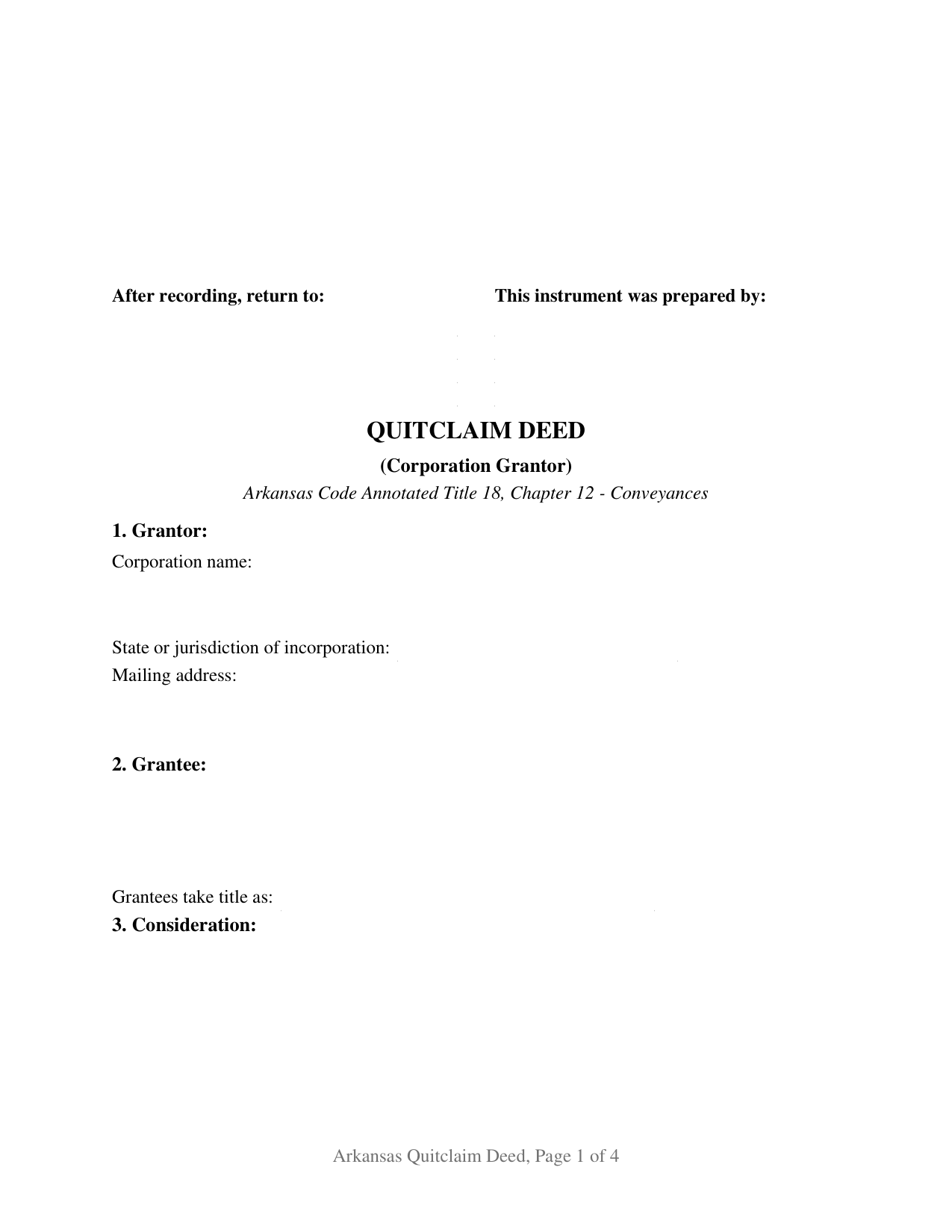 Arkansas Quitclaim Deed (Corporation Grantor)