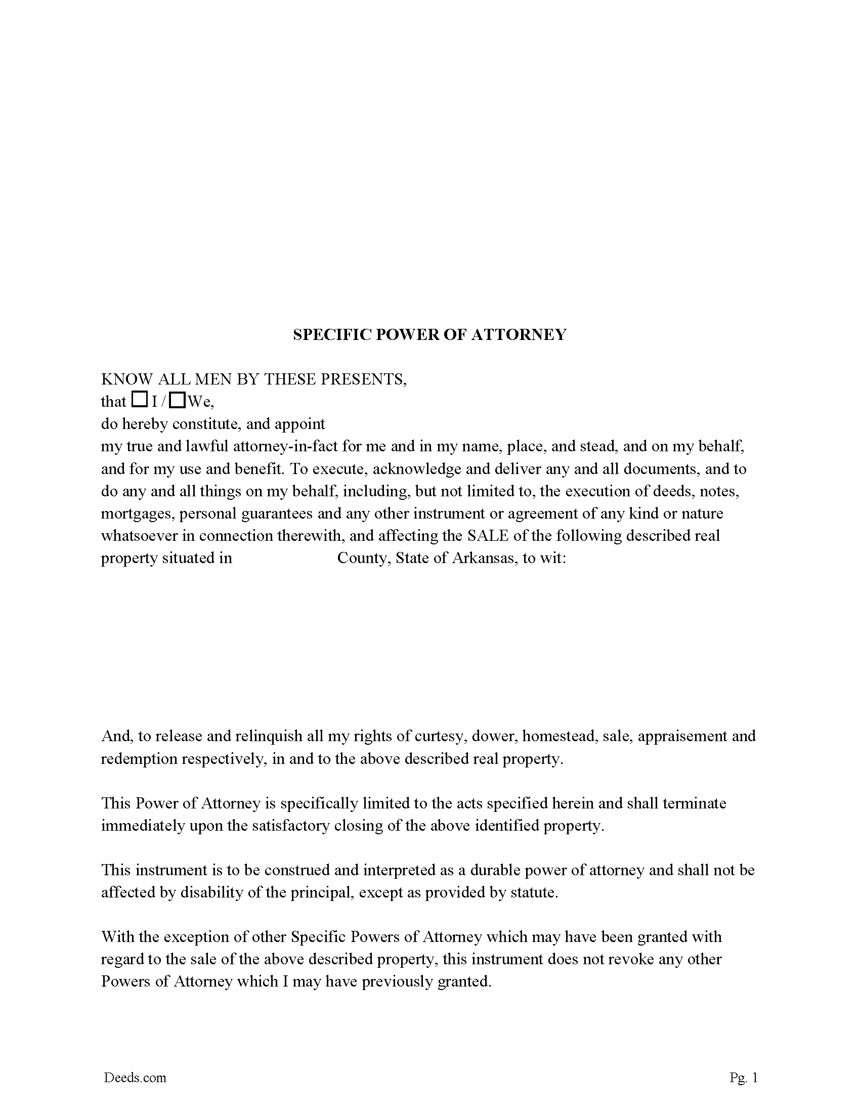 Arkansas Specific Power of Attorney for the Sale of Property Image