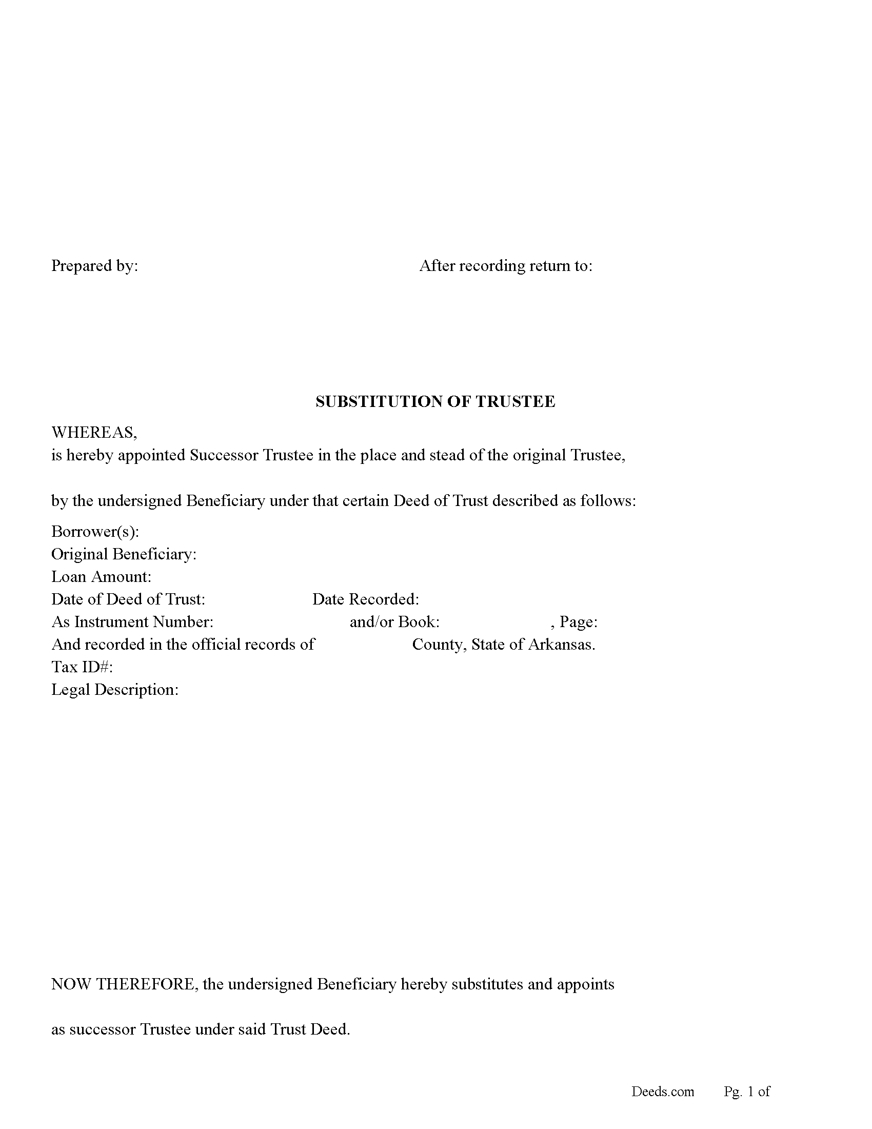 Arkansas Substitute of Trustee for Deed of Trust Image
