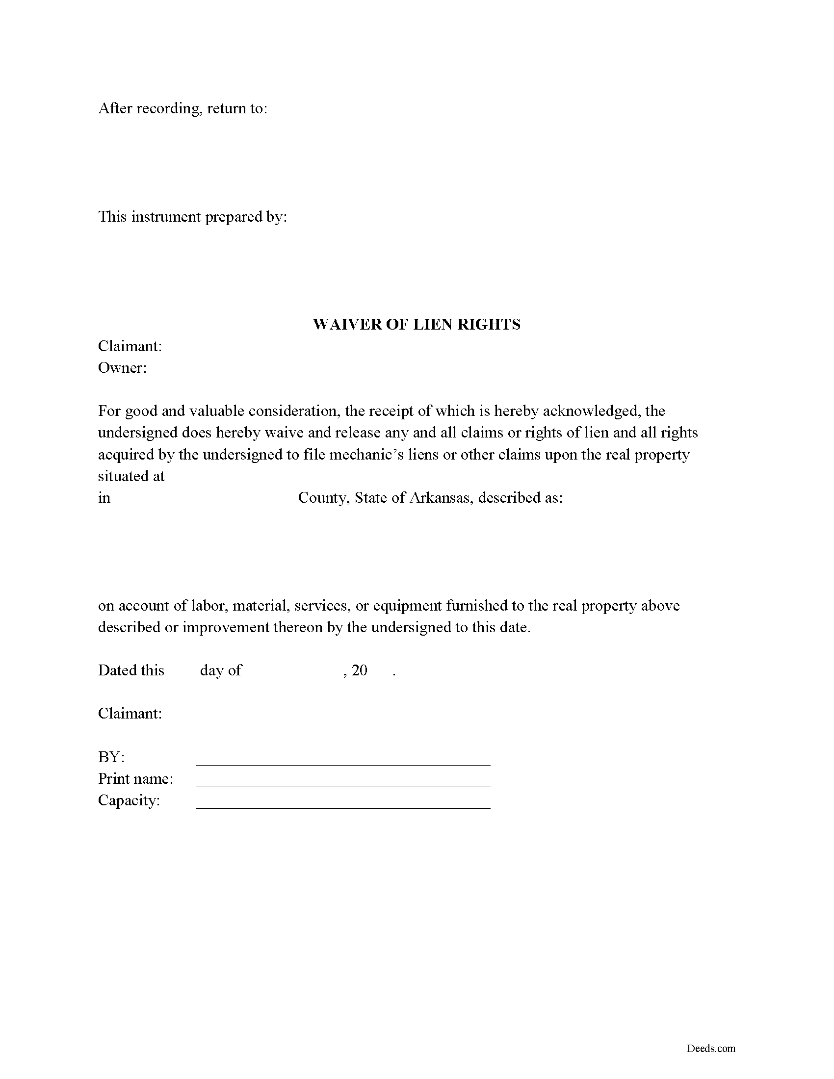 Arkansas Waiver of Mechanic Lien Image