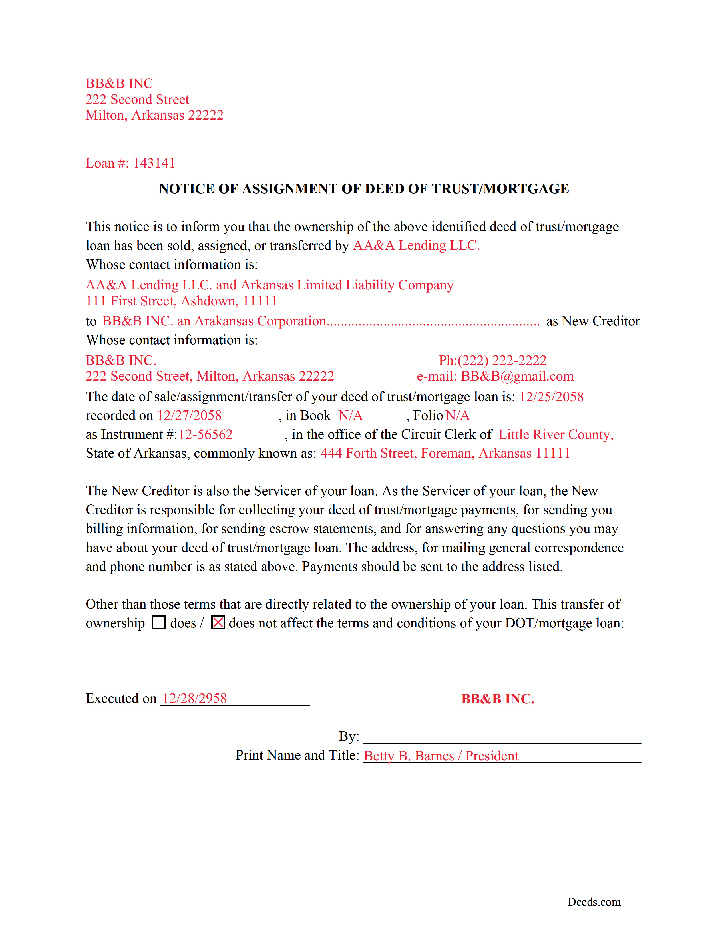Completed Example of a Notice of Assignment Document