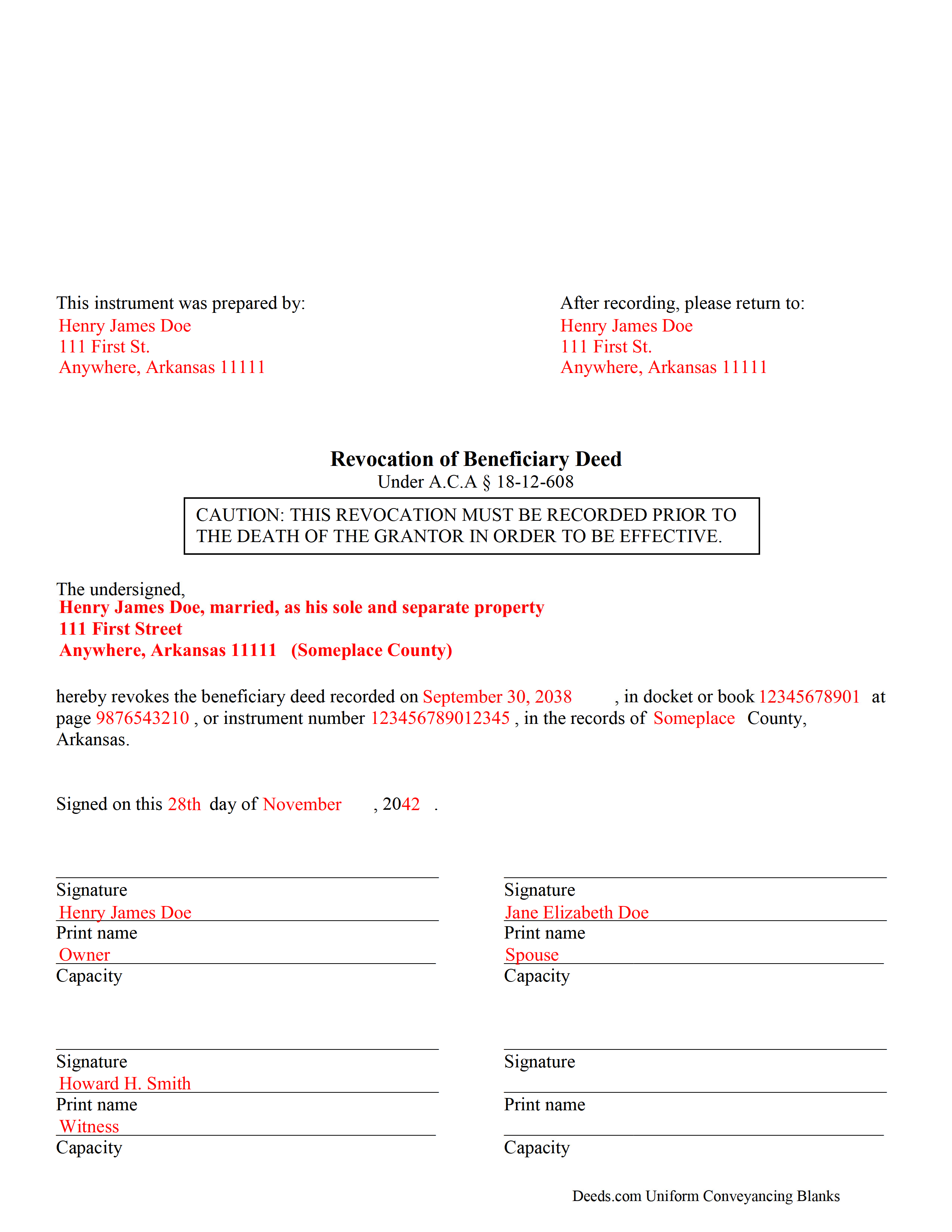 Completed Example of the Beneficiary Deed Revocation Document