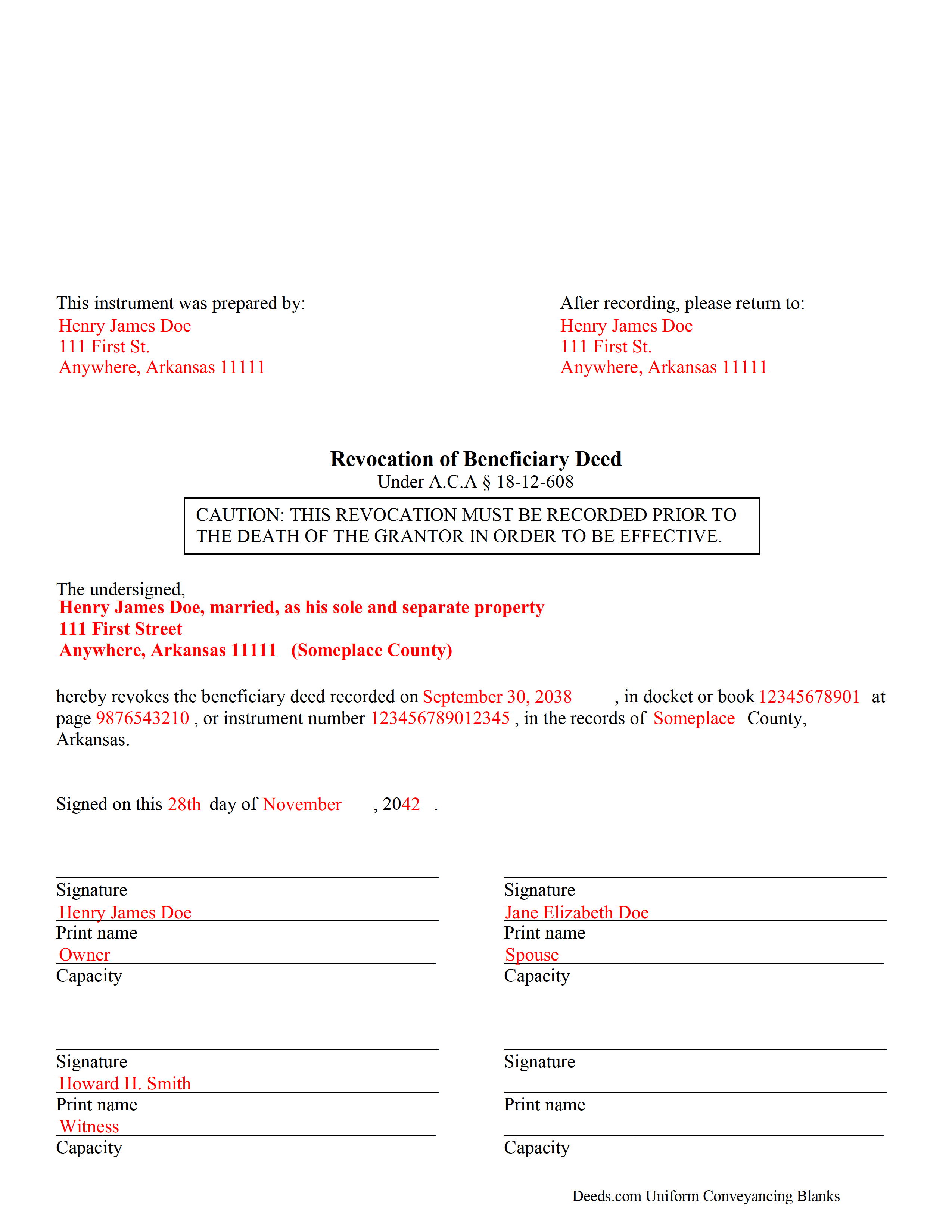 Baxter County Completed Example of the Beneficiary Deed Revocation Document