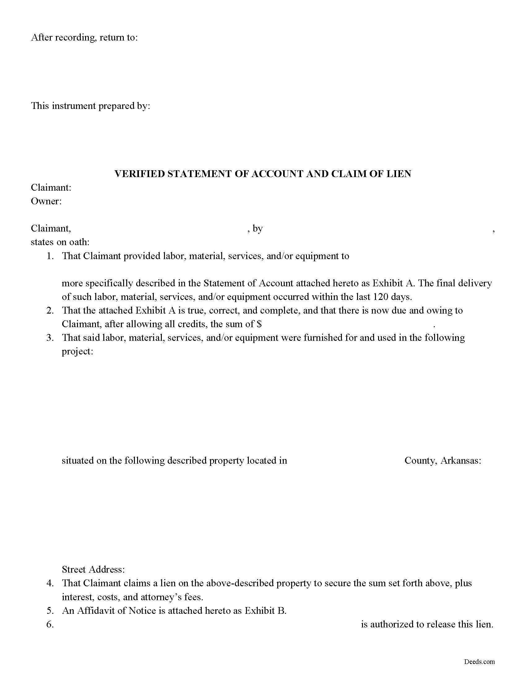 Claim of Mechanics Lien Form