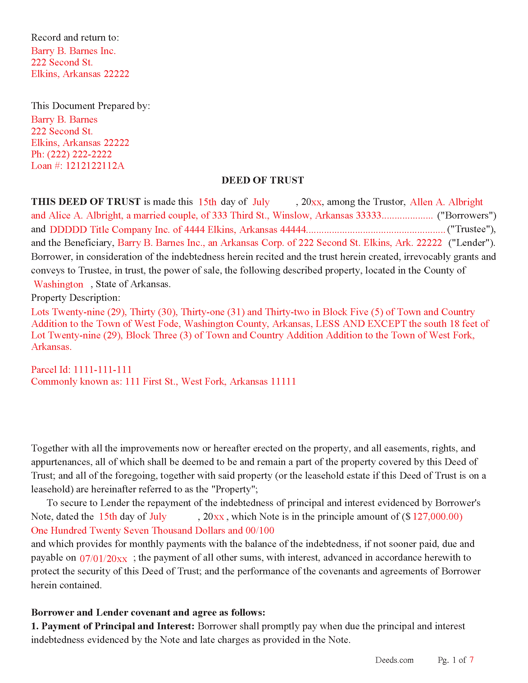 Hot Spring County Completed Example of the Trust Deed Document