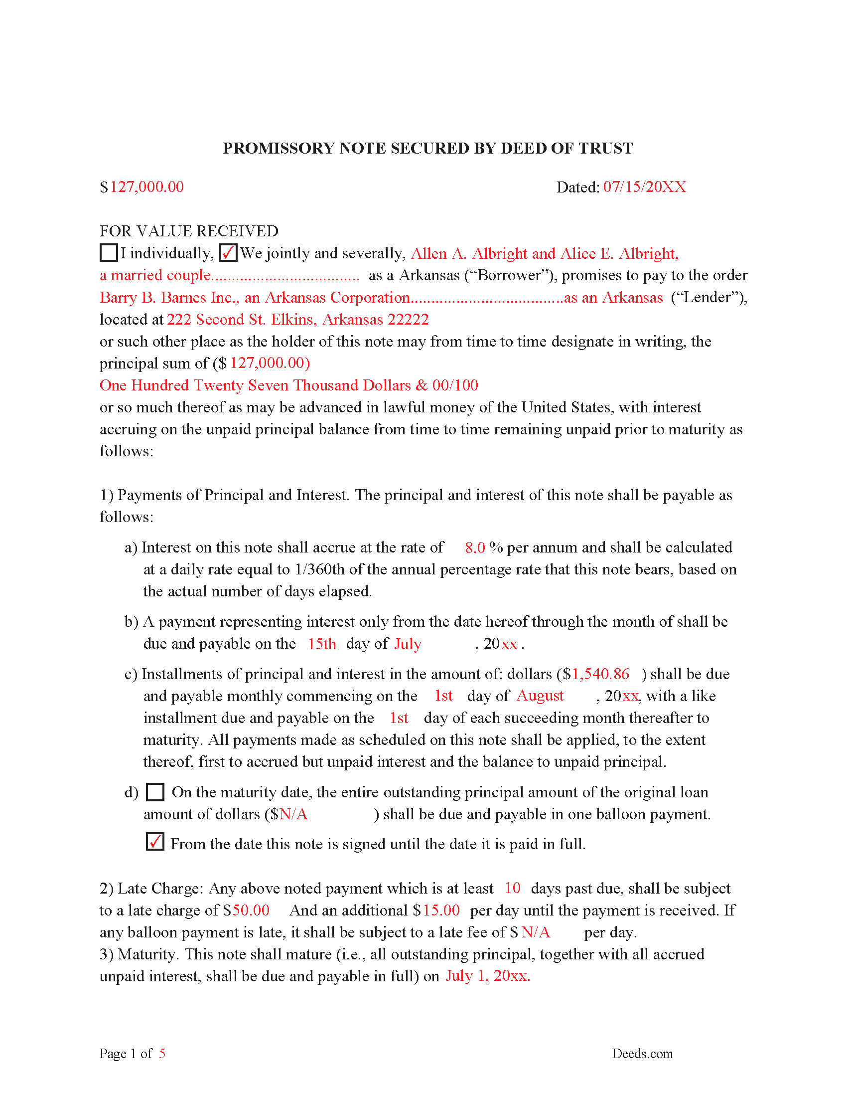 Hot Spring County Completed Example of the Promissory Note Document
