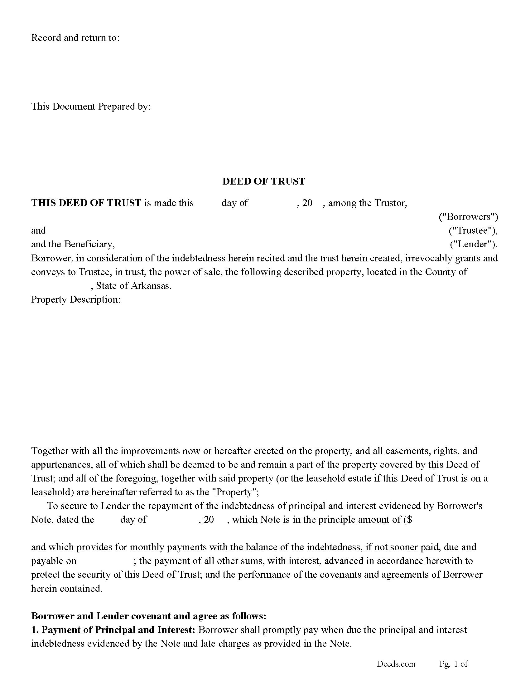 Hot Spring County Deed of Trust with Installment of Taxes and Insurance Form