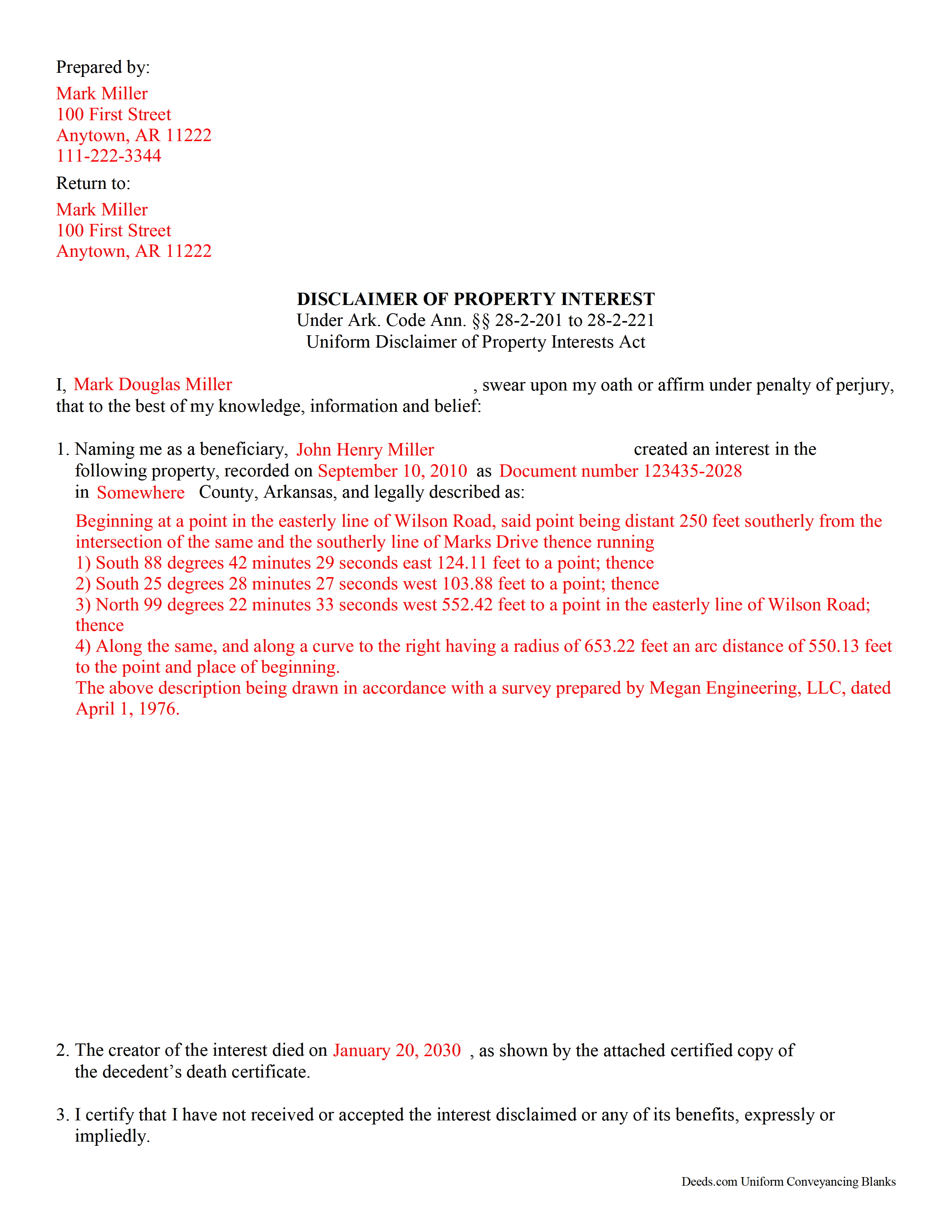 Completed Example of the Disclaimer of Interest Form