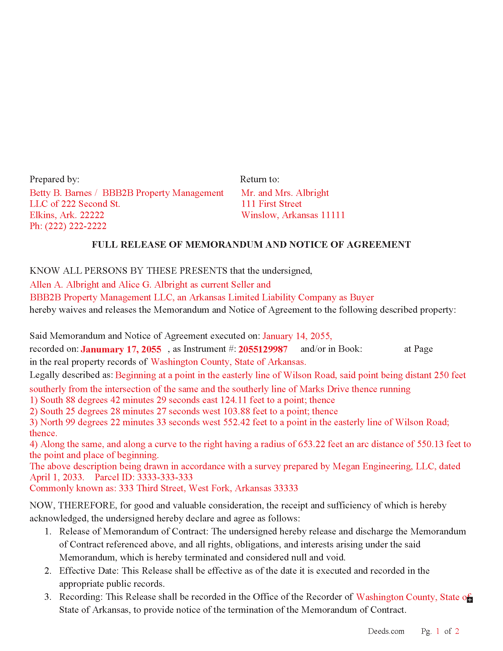 Nevada County Completed Example of the Full Release of Memorandum and Notice of Agreement Document