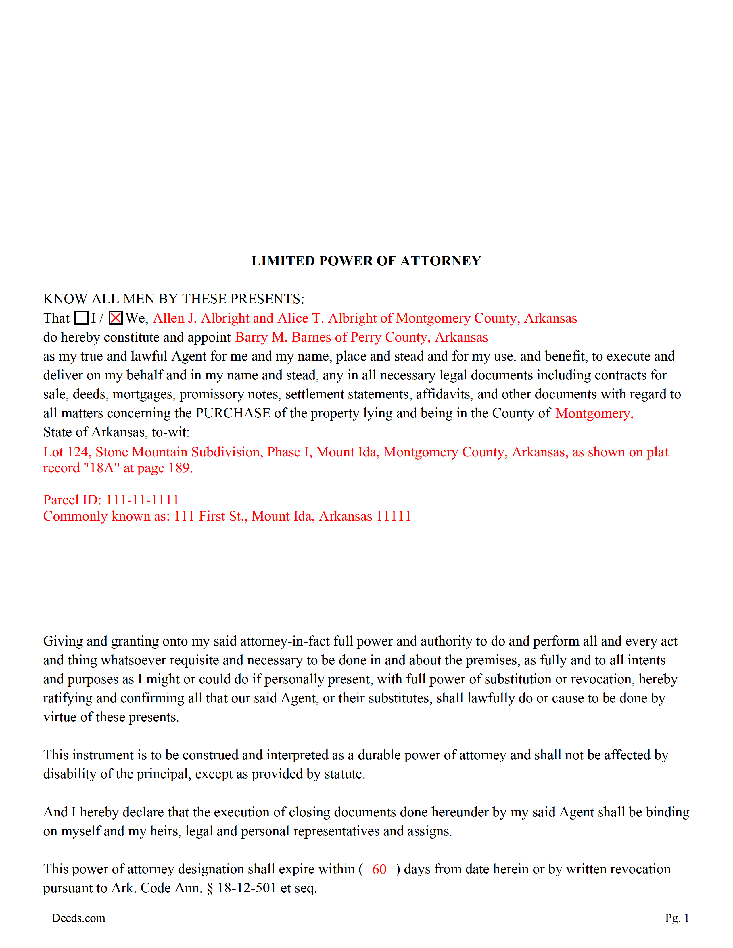 Hempstead County Completed Example of the Limited Power of Attorney